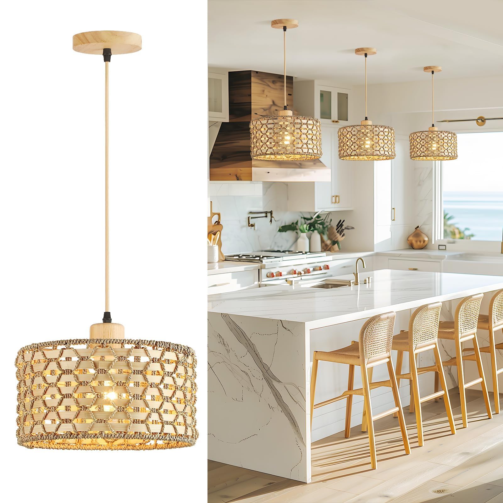 Schindora Hand-Woven Light Shade Rattan,30Cm Boho 1-Light Natural Lamp Shade Hanging E27 Lampshades Farmhouse Light Fittings Ceilings for Bedroom Kitchen Island Living Dining Room