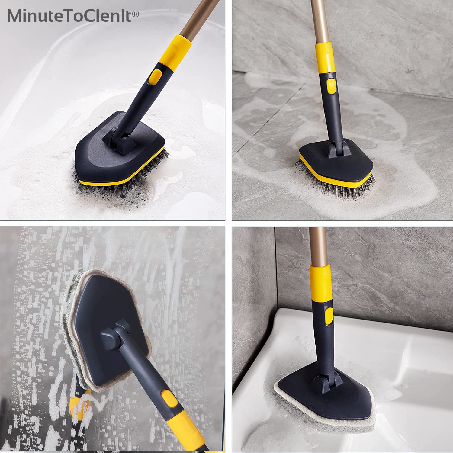 MinuteToCleanIt Bathroom Floor Cleaning Brush and Scrubber Combo 180 Degree Movement, with Extendable & Detachable Handle for Multipurpose Cleaning Like Toilet Kitchen Bathroom, Yellow 3