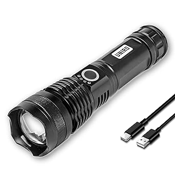 UNIRO FX1000 LED Flashlight | Rechargeable Torch USB Type-C with Battery Indicator, 5 Light Modes, Zoomable Head, Heavy Duty Aluminium Body | 1x Rechargeable Battery Included | Emergency Light