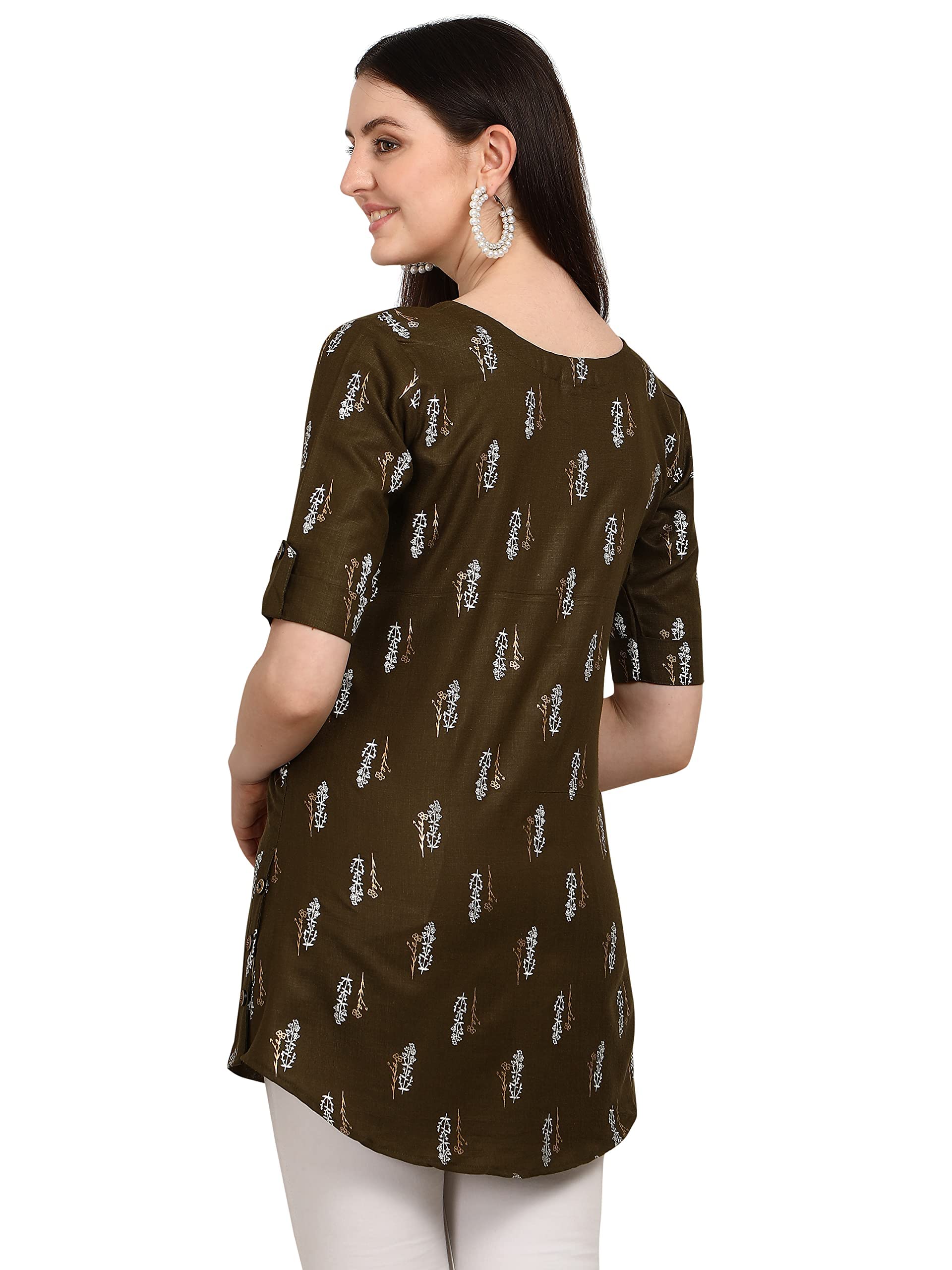 Leriya Fashion Rayon Fabric Printed Round Neck Short Kurtis For Women Top Dresses Kurti For Girls & Ladies Kurtis (Small, Brown)