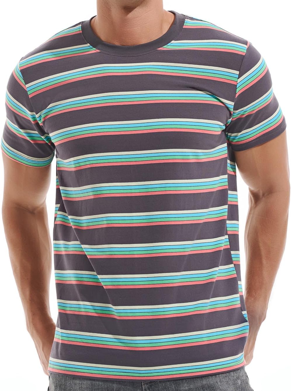 VEIISAR Men's Crewneck Striped T-Shirt Soft Elastic Cotton Tees