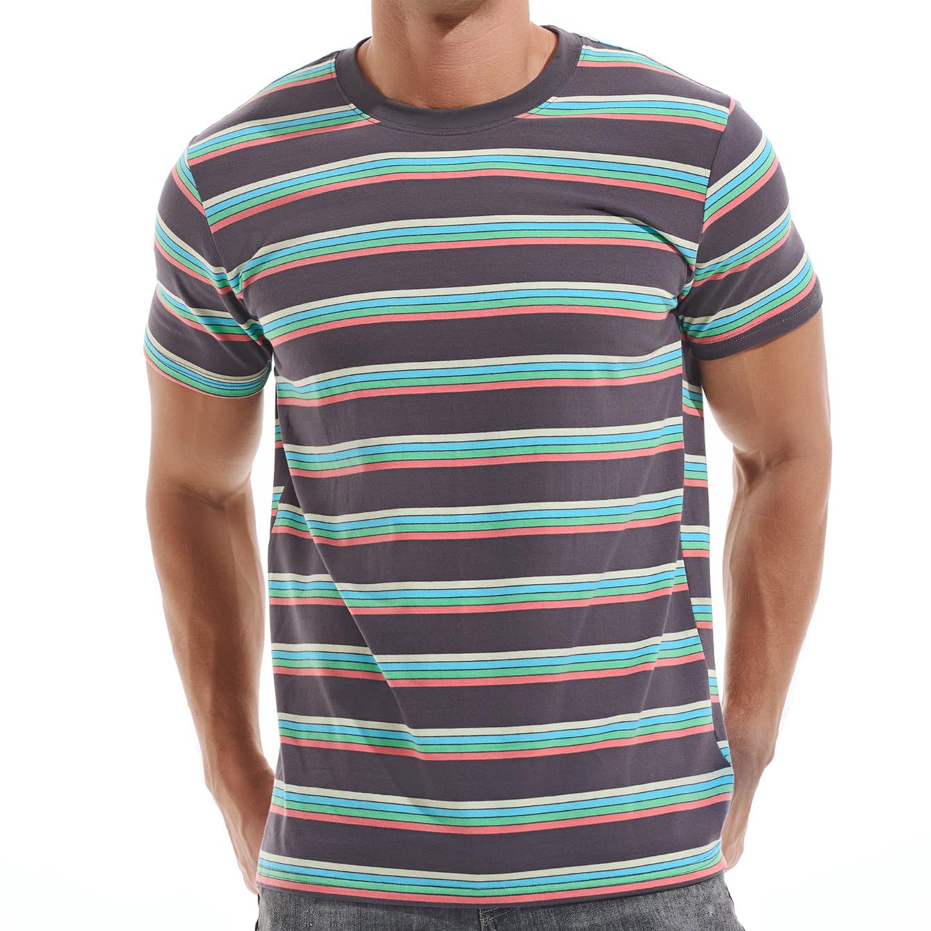 VEIISAR Gestreiftes Herren T-Shirt aus 95% Baumwolle & 5% Elasthan – Bequemes & elastisches T-Shirt – Casual Freizeit-Shirt