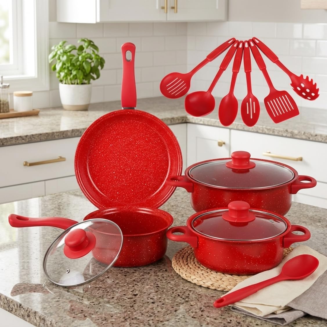 Set Di Pentole Antiaderenti, Set Di Pentole Antiaderenti Da 13 Pezzi, E Padelle Con Padella, Pentola Per Il Latte E Utensili Per La Cucina Casalinga, Rosso..