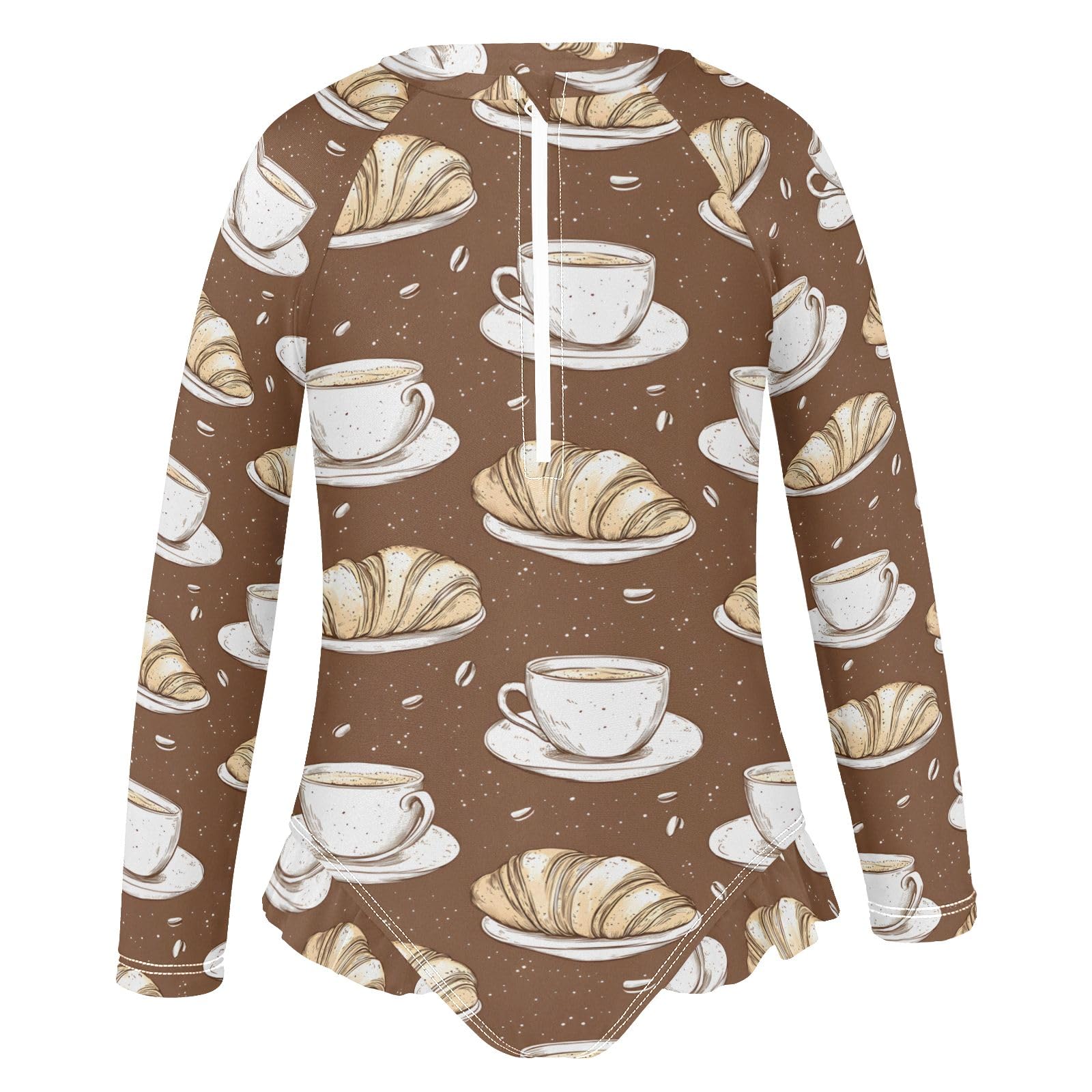 ALAZA Swimsuit for Girls Long Sleeve Rashguard Bathing Suit Croissants Coffee Cups Quick Dry 4T