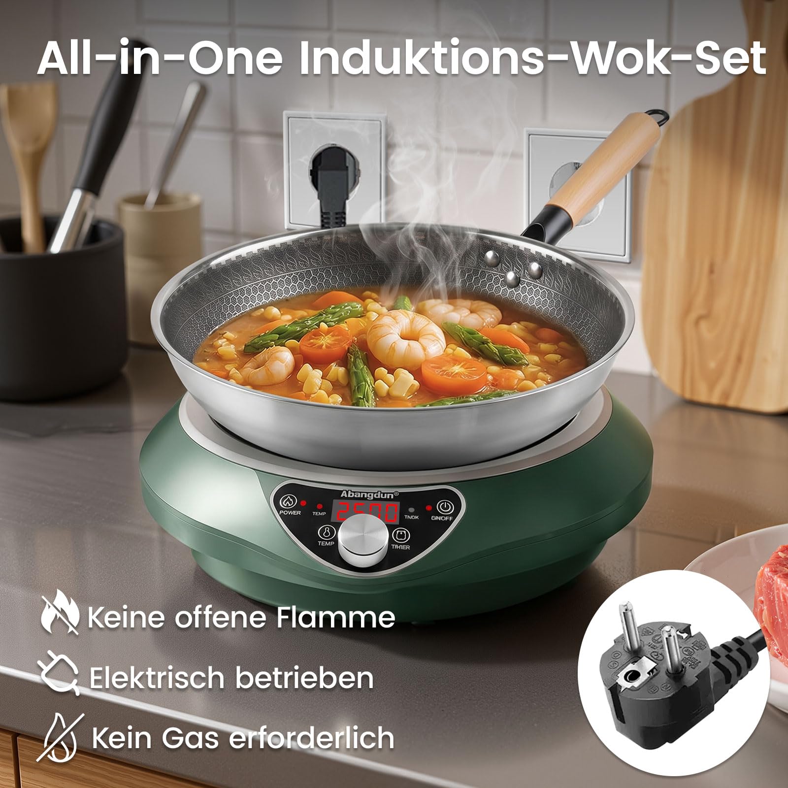 Induktionskochplatte mit Wok, 2500W Induktionskochfeld 1 Platte Kochplatte Induktion mit 16 Leistungsstufen, 200W-2500Watt,Temperaturbereich 80-240°C, LED Display, 18-Stunden-Timer, 190-275V