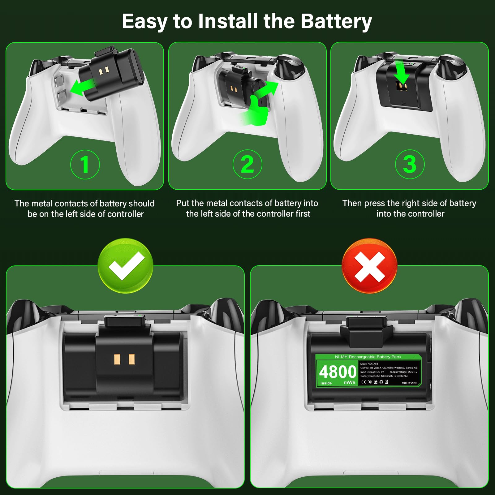 ZRZLMVP Bateria Mando Xbox - 2x4800mWh Baterías para Xbox Series S/X/Xbox One S/One X/One Elite, Accesorios Mejorados para Xbox con Carga Rápida, 4 Fundas y Cable Tipo C