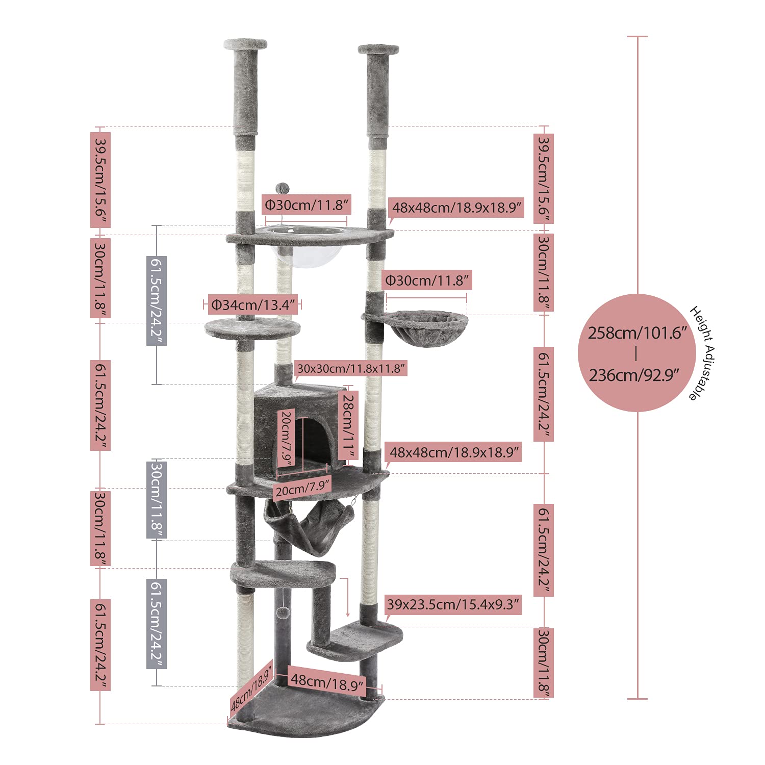 PEQULTI Floor to Ceiling Cat Tree 92.9’’-101.6’’ Height Adjustable Cat Tower Tall Kitty Climbing Play House with Scratching Posts, Cozy Condo, Perches and Large Hammock for Indoor Cats Gray
