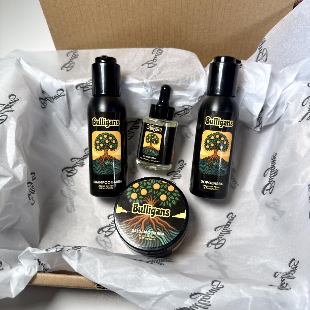 Bulligans Box Routine Completa per la Barba, Profumazione Acqua di Mare & Mandarino, Made in Italy, con Shampoo, Balsamo, Dopobarba e Olio Barba - Idee Regalo Uomo Compleanno Natale San Valentino