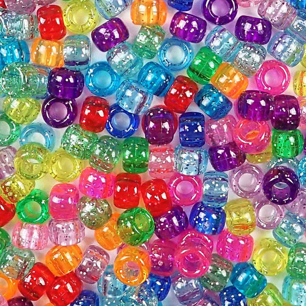 Rainbow Glitter Multicolor Mix Plastic Pony Beads 6x9mm, 500 beads, Made in The USA, bulk pony beads package for arts & crafts