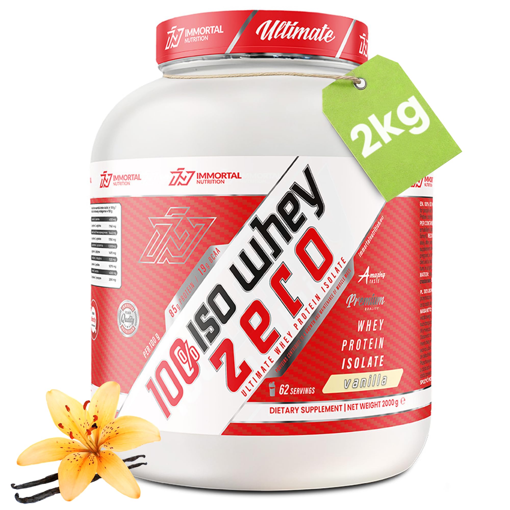 IMMORTAL NUTRITION 100% ISO Whey Zero Izolat Białka Serwatkowego - Izolat w proszku z 27,2 g białka na porcję - 85% zawartości białka - Niska zawartość cukru i tłuszczu (2 kg, Wanilia)