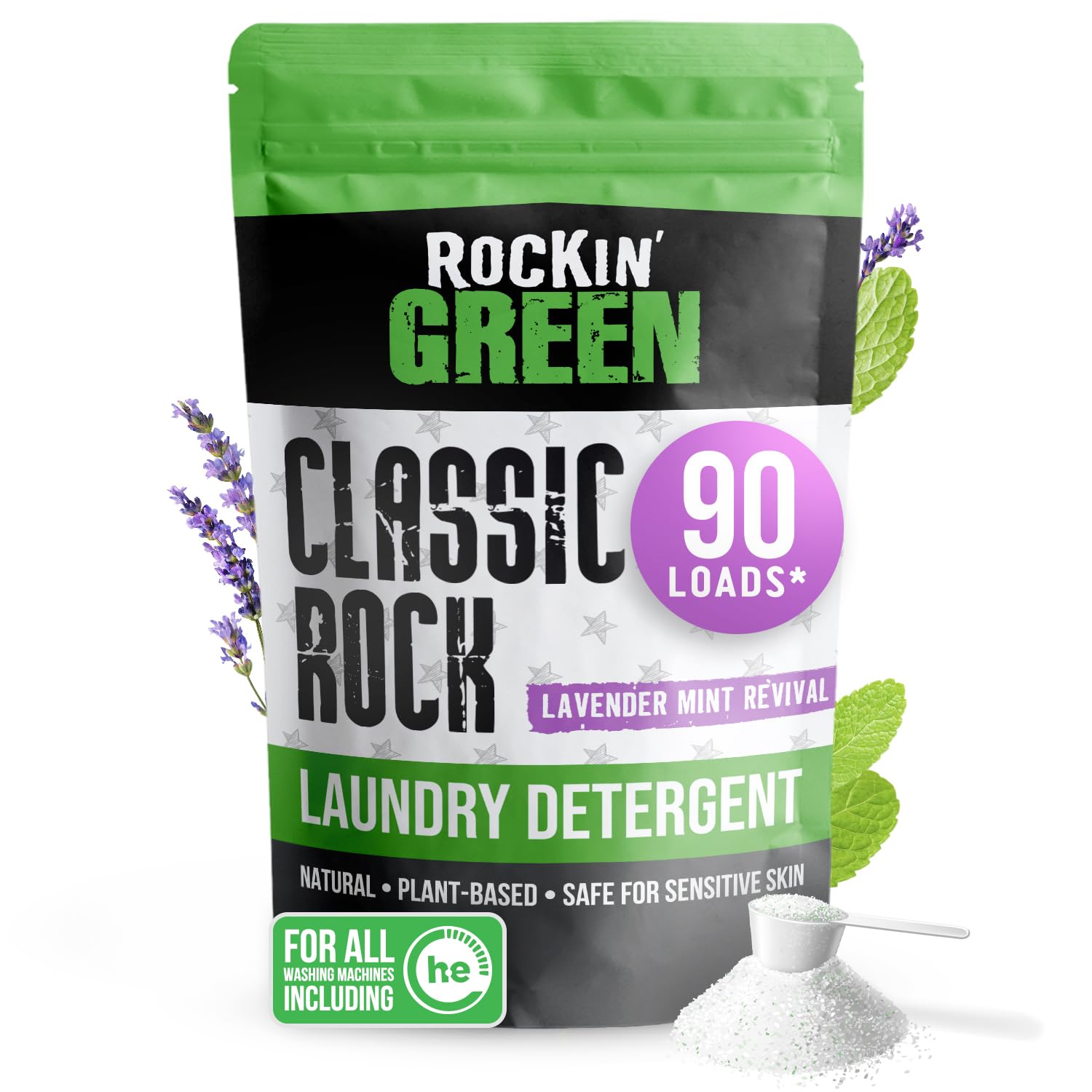 Natural HE Powder Laundry Detergent by Rockin' Green, Perfect for Cloth Diapers, Classic Rock Formula for Normal Water, Up to 90 Loads Per Bag, 45 oz, Lavender Mint Revival Scent