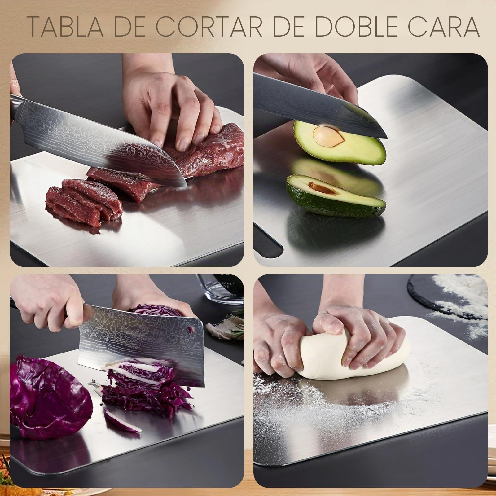 Juego de tres tablas de cortar de doble cara, tabla de cortar de acero inoxidable, tabla de cortar de acero inoxidable 304 para verduras, carne y frutas (L)