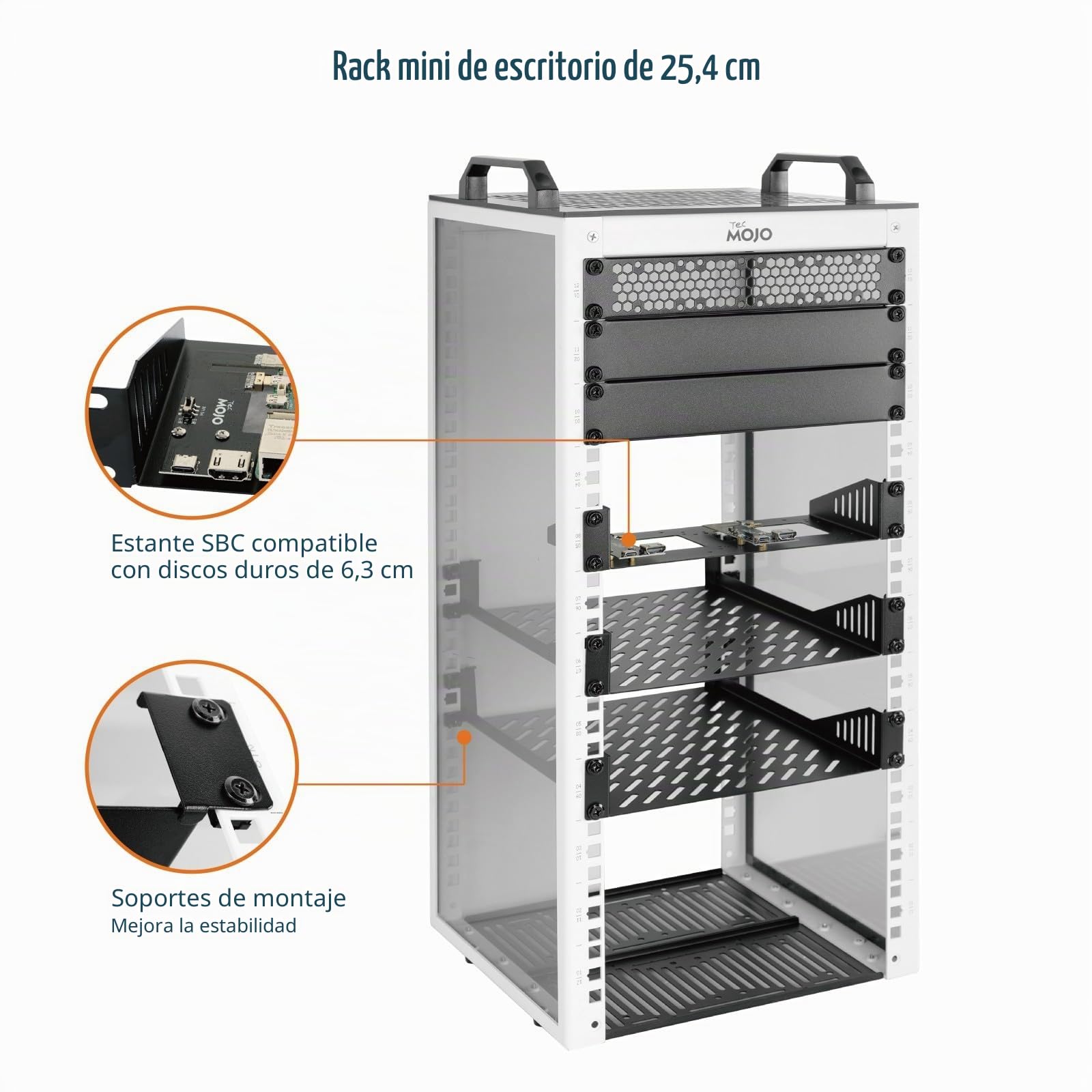 Tecmojo 10 Pulgadas 12U Mini Rack de Escritorio, 260mm de Profundidad, con Bandeja SBC, Placa Adaptadora Micro HDMI a HDMI y Cubierta Ciega, para Dispositivos AV, NAS y Servidores de 10", Blanco