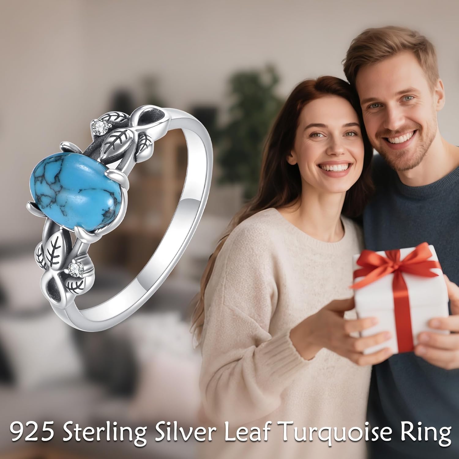 Created Turquoise/Emerald/Ruby/Opal Engagement Ring for Women 925 Sterling Silver 8 * 6MM Oval Birthstone Gemstone Wedding Rings Leaf Bohemian Boho Jewelry Gifts