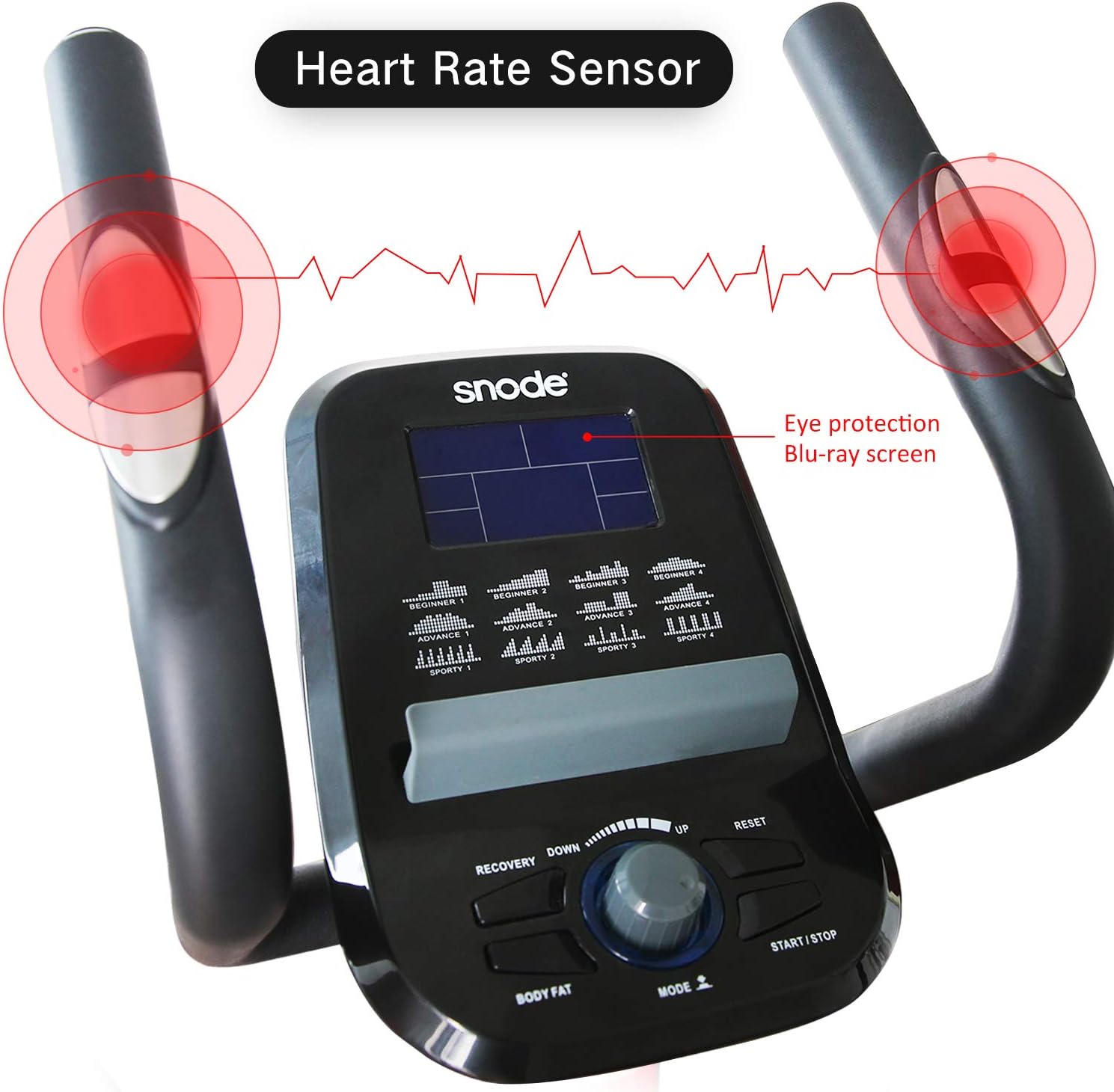 Close-up of elliptical console with heart rate sensors on handlebars and eye protection Blu-ray screen