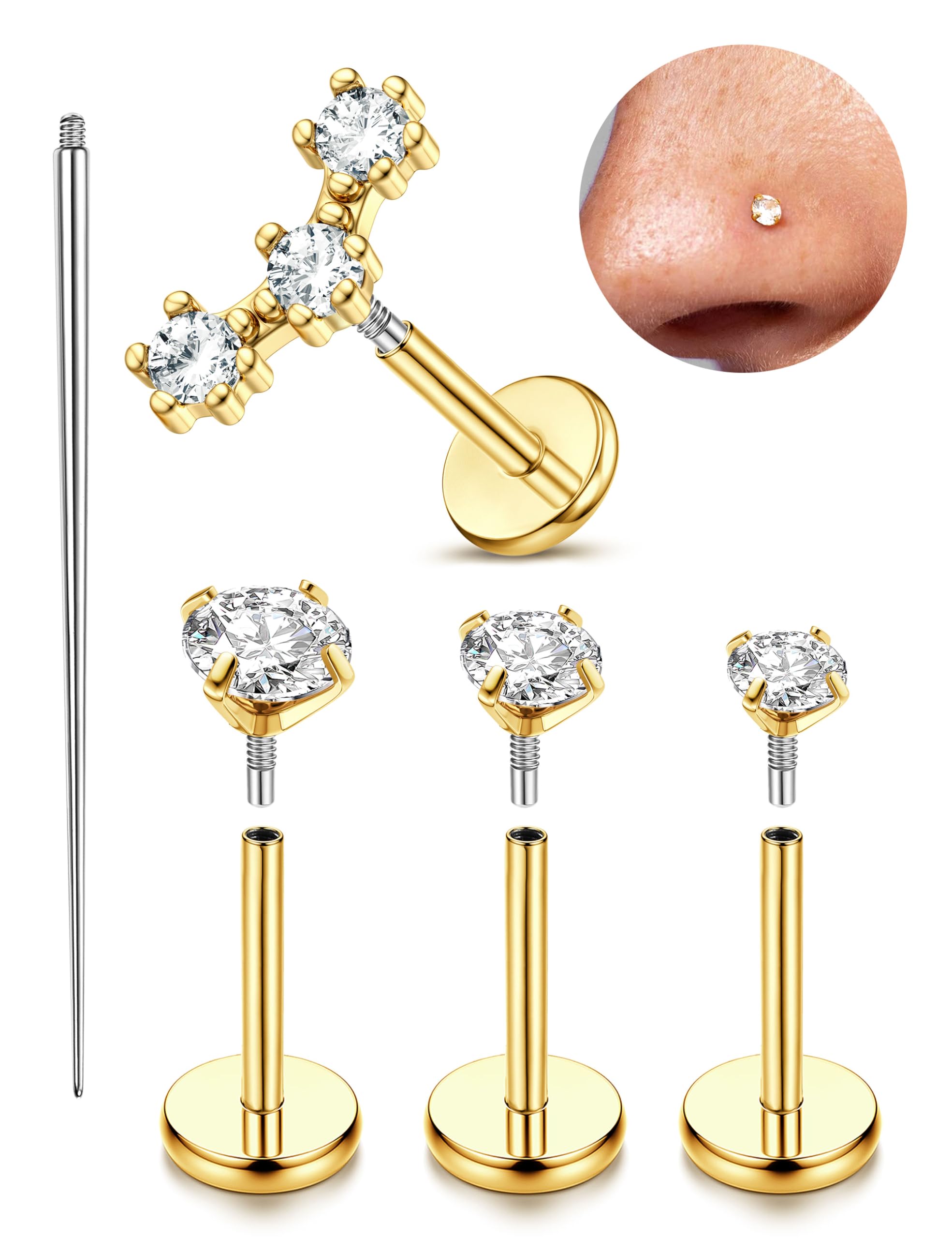 JeryWe 16/18G Nose Rings Stud for Women Men - 14K Gold Plated Internal Thread Flat Back Earrings Surgical Steel Hypoallergenic Tragus Helix Conch