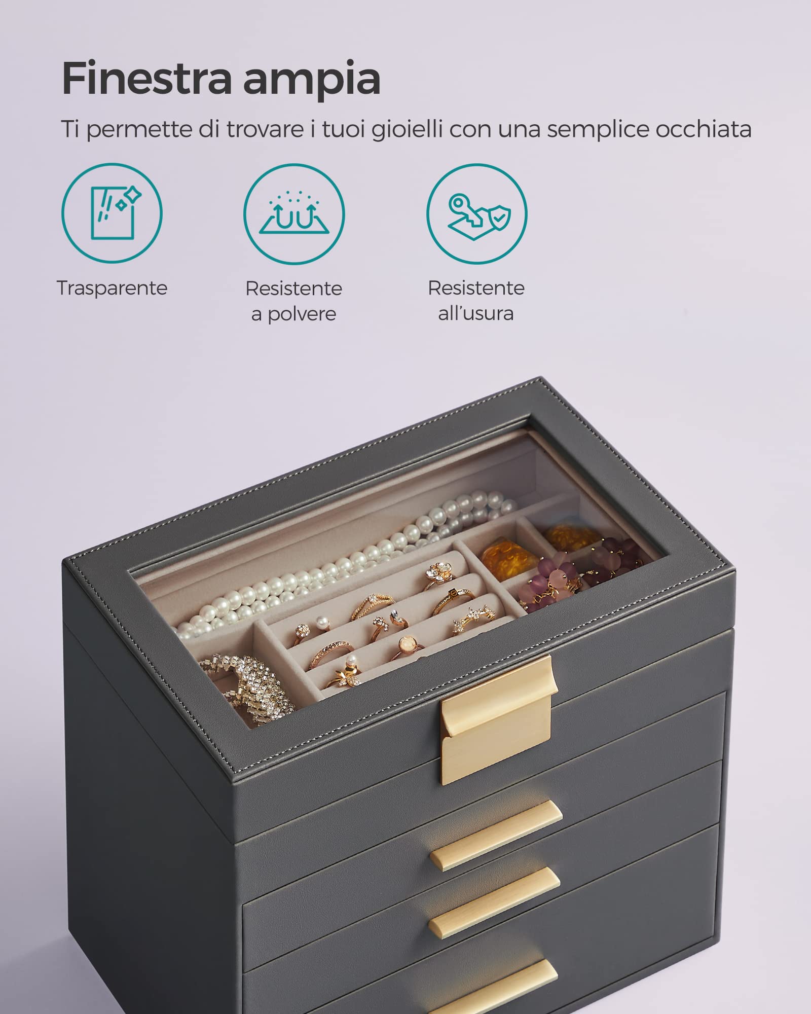 SONGMICS Scatola Portagioie, 4 Livelli, Coperchio in Vetro, 3 Cassetti, Porta Gioielli, Occhiali da Sole e Accessori Grandi, Moderno, Grigio e Dorato JBC161C01