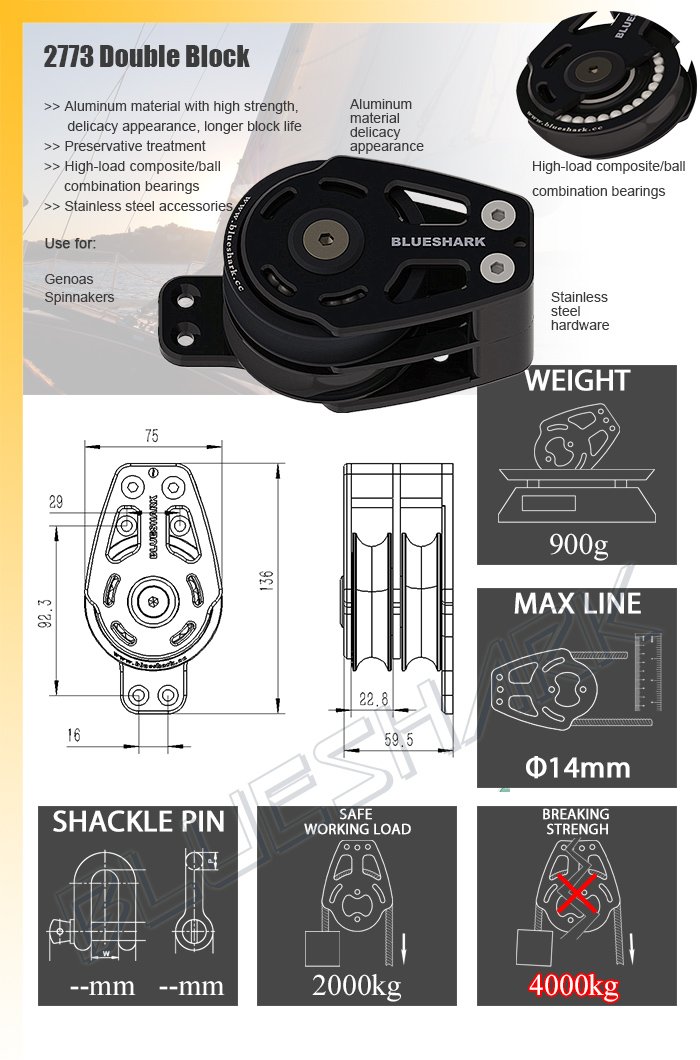 Blue Shark: Sailboat Blocks Aluminum 75mm Double 2773