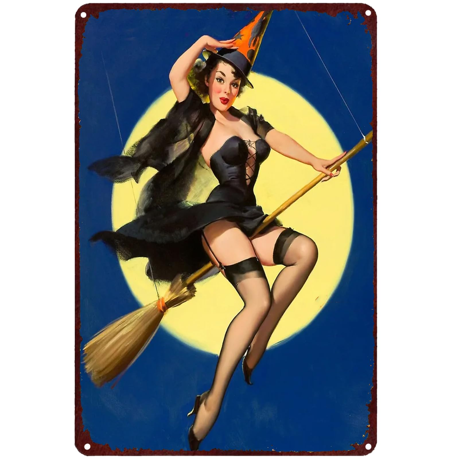 Targa in metallo con motivo Halloween con strega, stile retrò, vintage