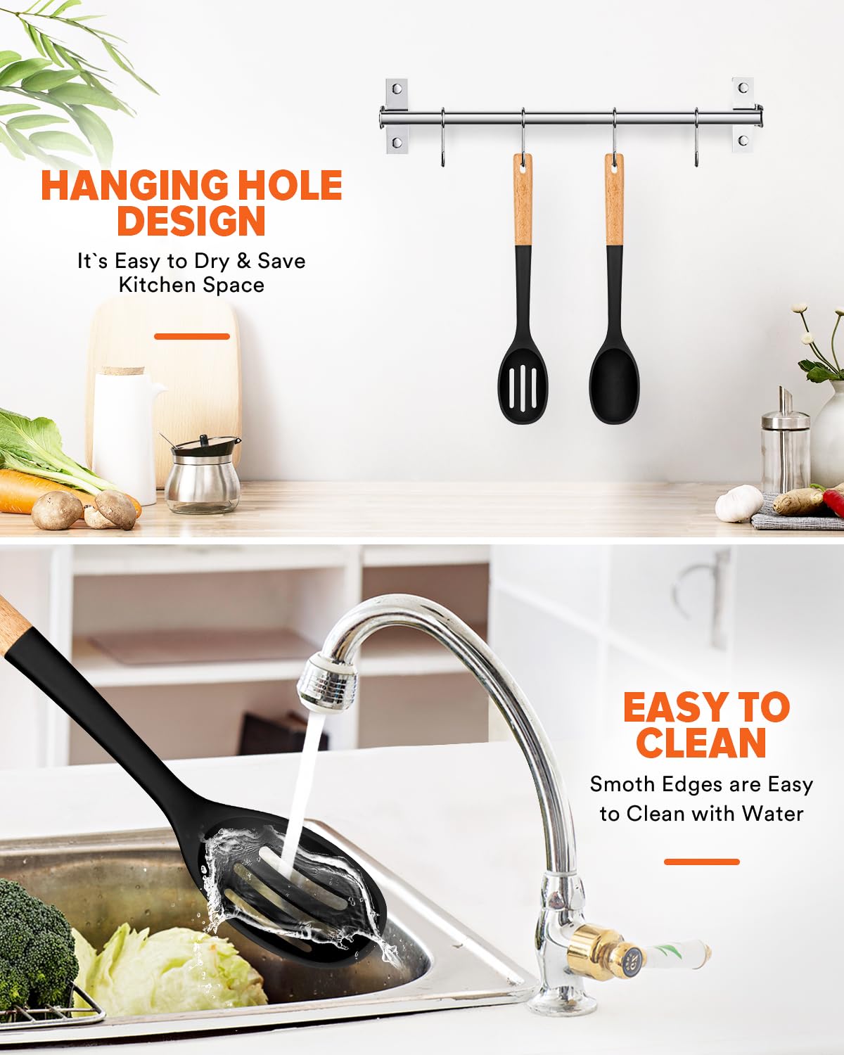 Cucharas de cocina de silicona, ideales para recoger lados y servir guisos abundantes, silicona mate sin BPA, cuchara de servir con mango de madera para superficies de cocción antiadherentes (negro)