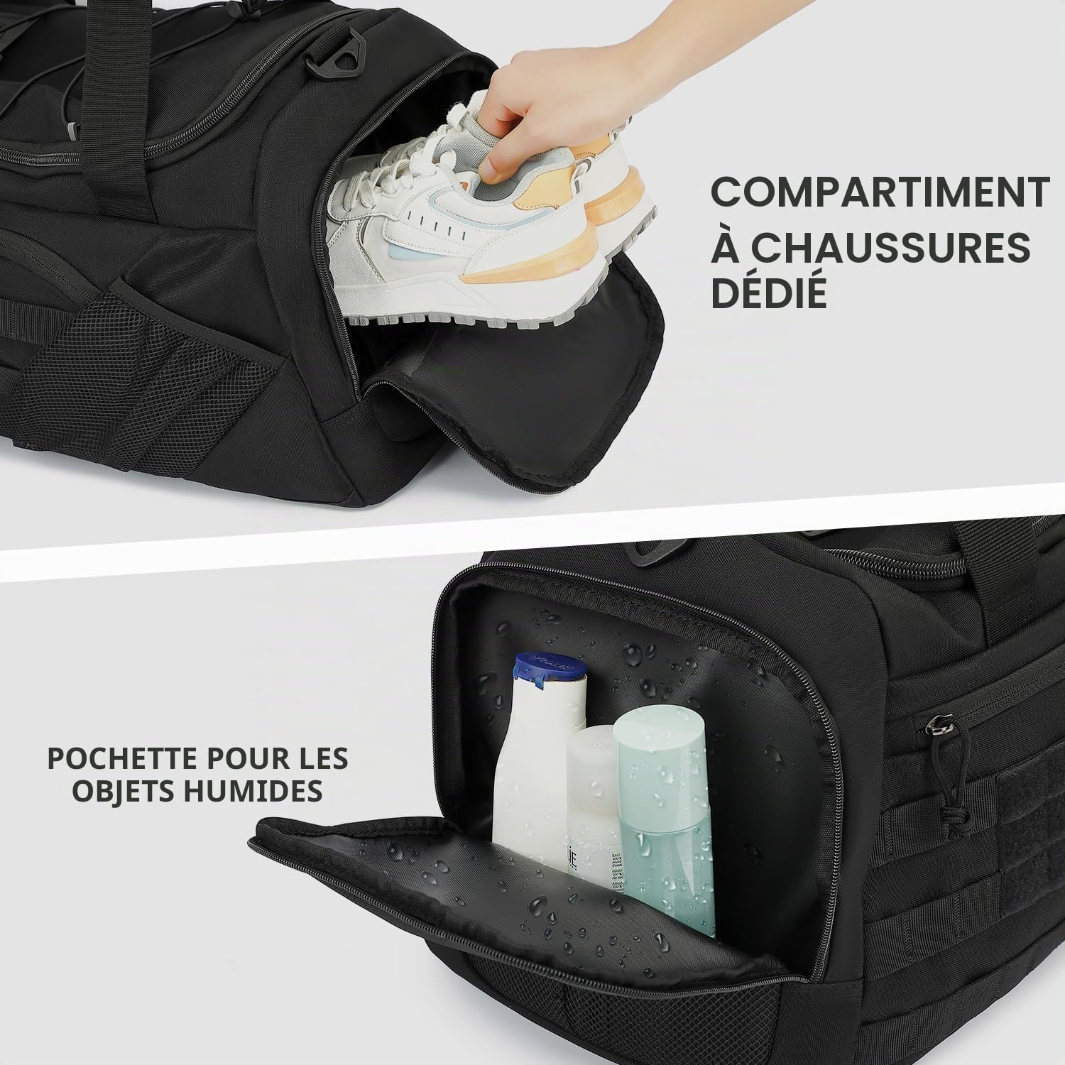 Sac de Sport Homme 45L Sac à Dos de Voyage Weekend avec Compartiment à Chaussures et Poche Humide Sac Fitness Tactique pour Camping Gym Boxe Noir