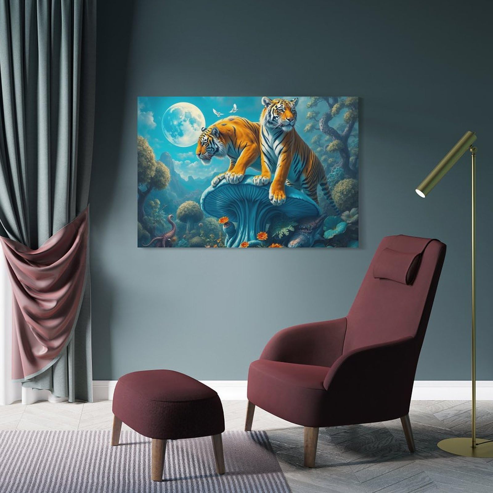 Junmoney Twin Tigers on Giant Alien Mushroom Canvas Wall Art 12x18inch(30x45cm), for Study, Office Or Focused Interiors, Home Office Artwork with Decorative Appeal
