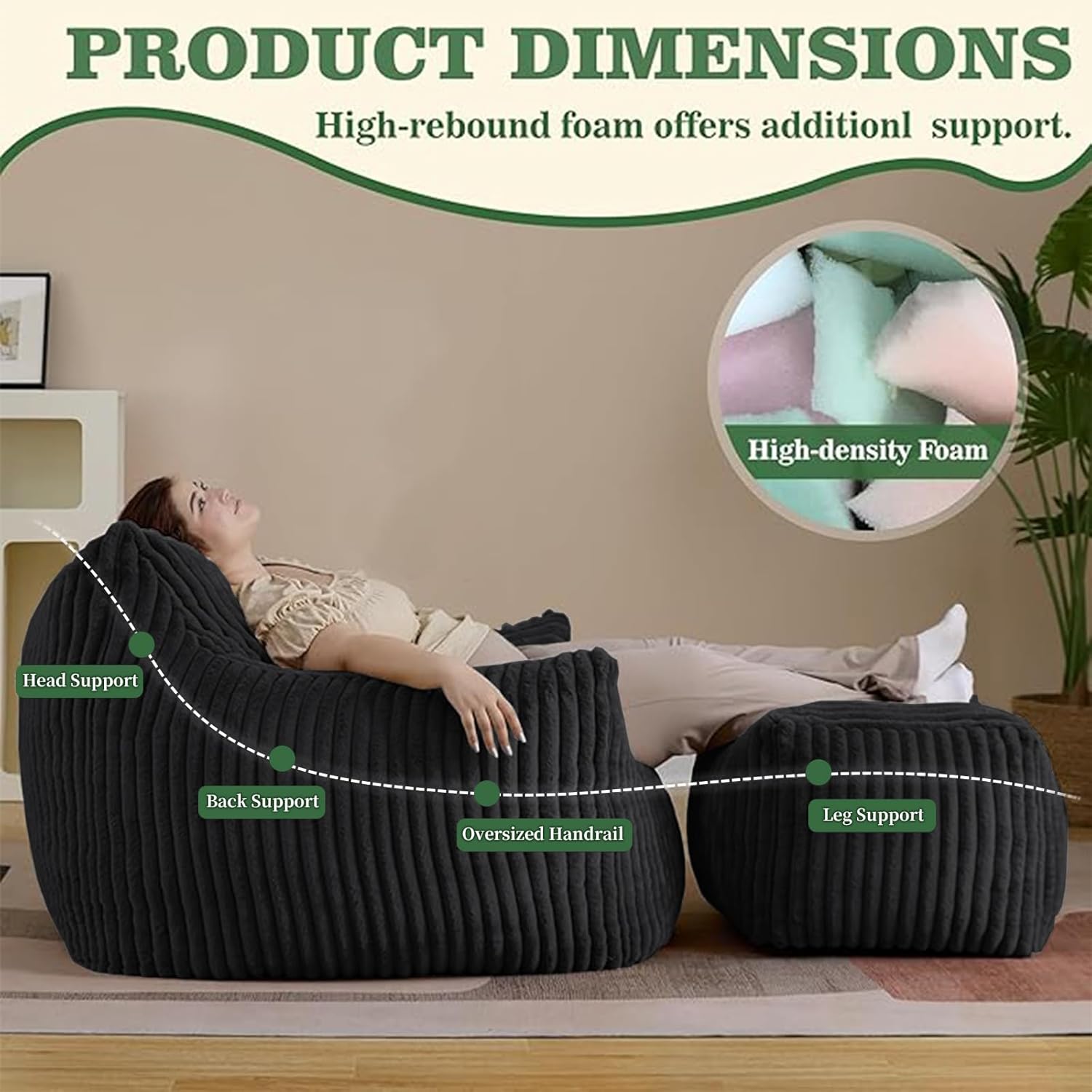 FanYi Bean Bag Chair for Adults with Armrests and Ottoman Oversized Comfy Beanbag Lounge Lazy Floor Sofa Accent Chair for Living Room, Bedroom & Dorm, Cozy Fluffy Single Cloud Mini Couch, Black