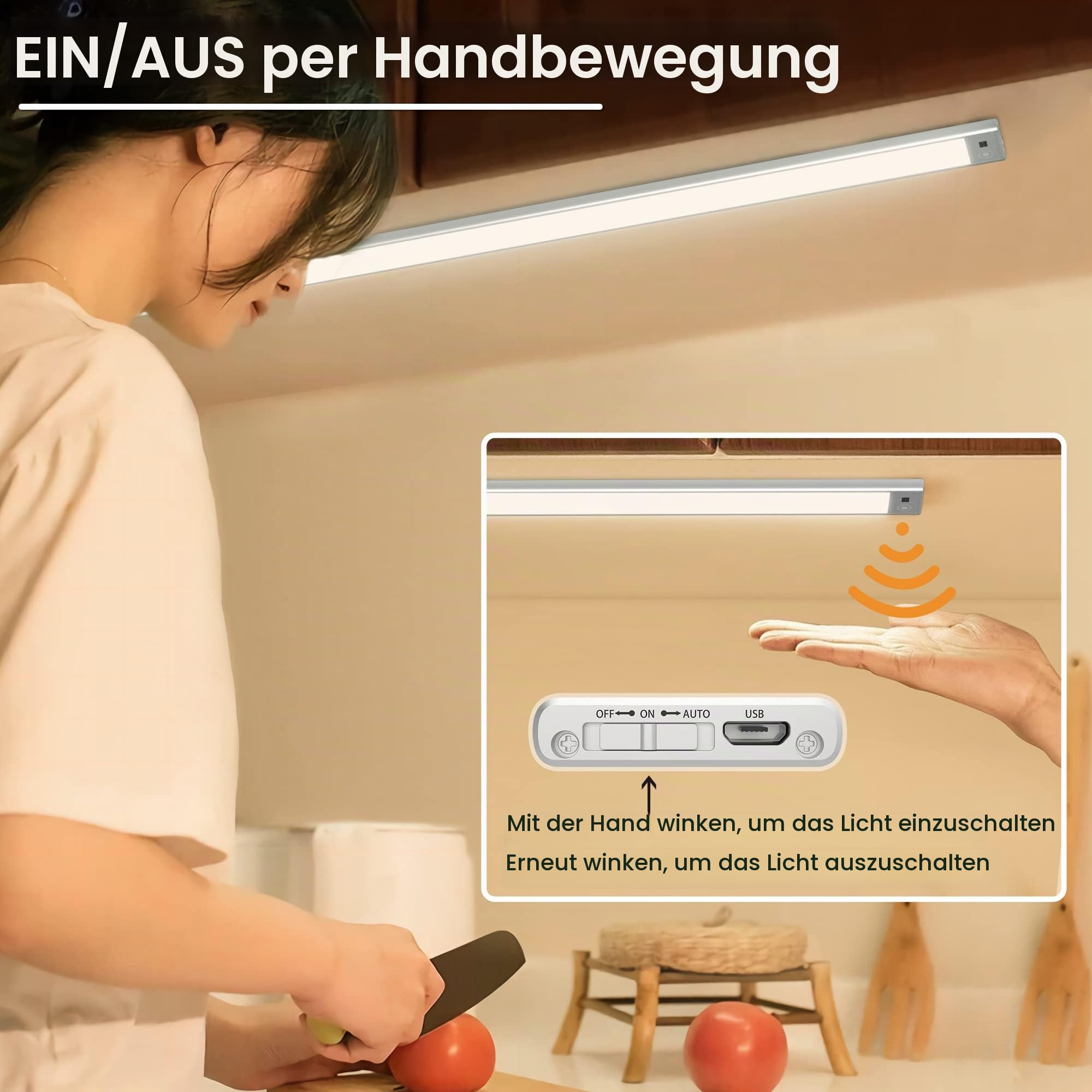 LED dimmbare Unterbauleuchte 60CM Küche Lampe 4500mAh wiederaufladbar Schrankbeleuchtung An/Aus/Dimmen mit Handbewegung 2700K-6500K magnetische Lichtleiste für Küchenschrank Kleiderschrank