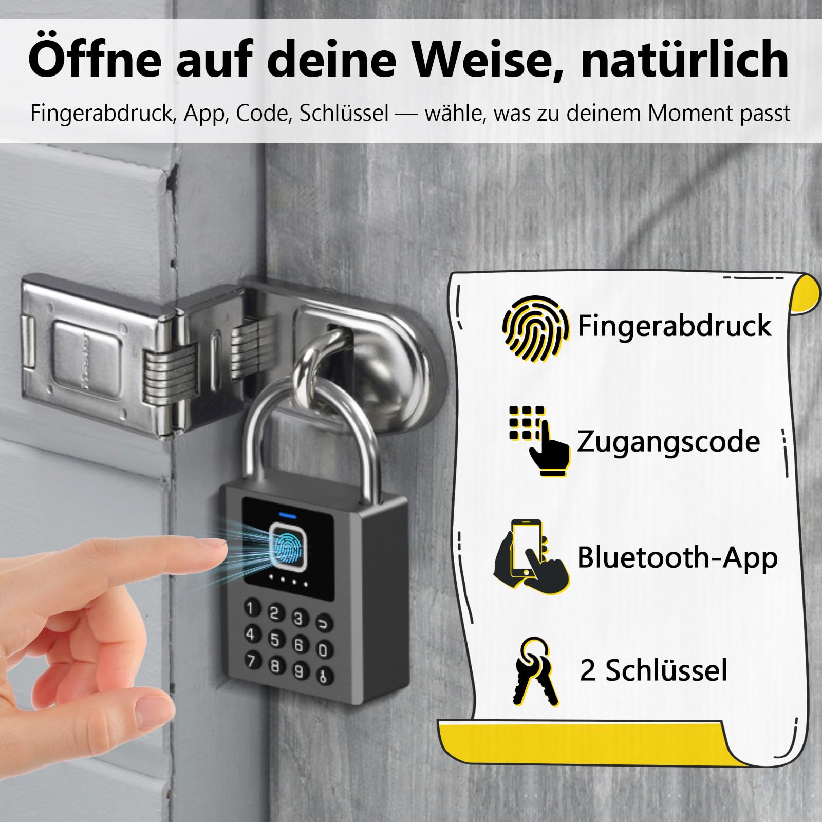 Eseesmart Candado de huellas dactilares con código numérico, 8 mm, doble gancho, IP67, resistente al agua, cerradura de seguridad inteligente con llave Bluetooth para vallas exteriores, puertas de