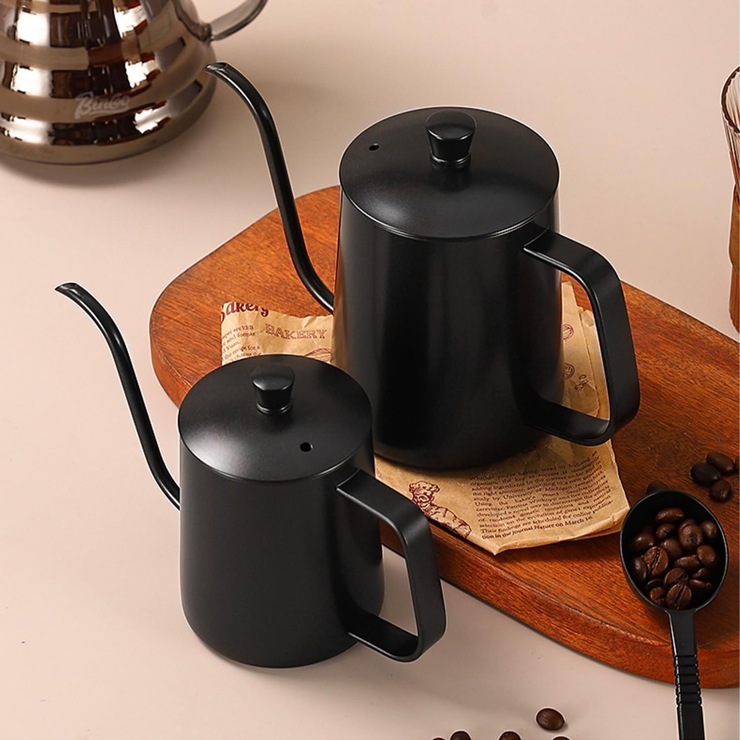Bollitore da caffè a collo d'oca da 600 ml, in acciaio inox, con beccuccio lungo e stretto, bollitore antigoccia (nero)