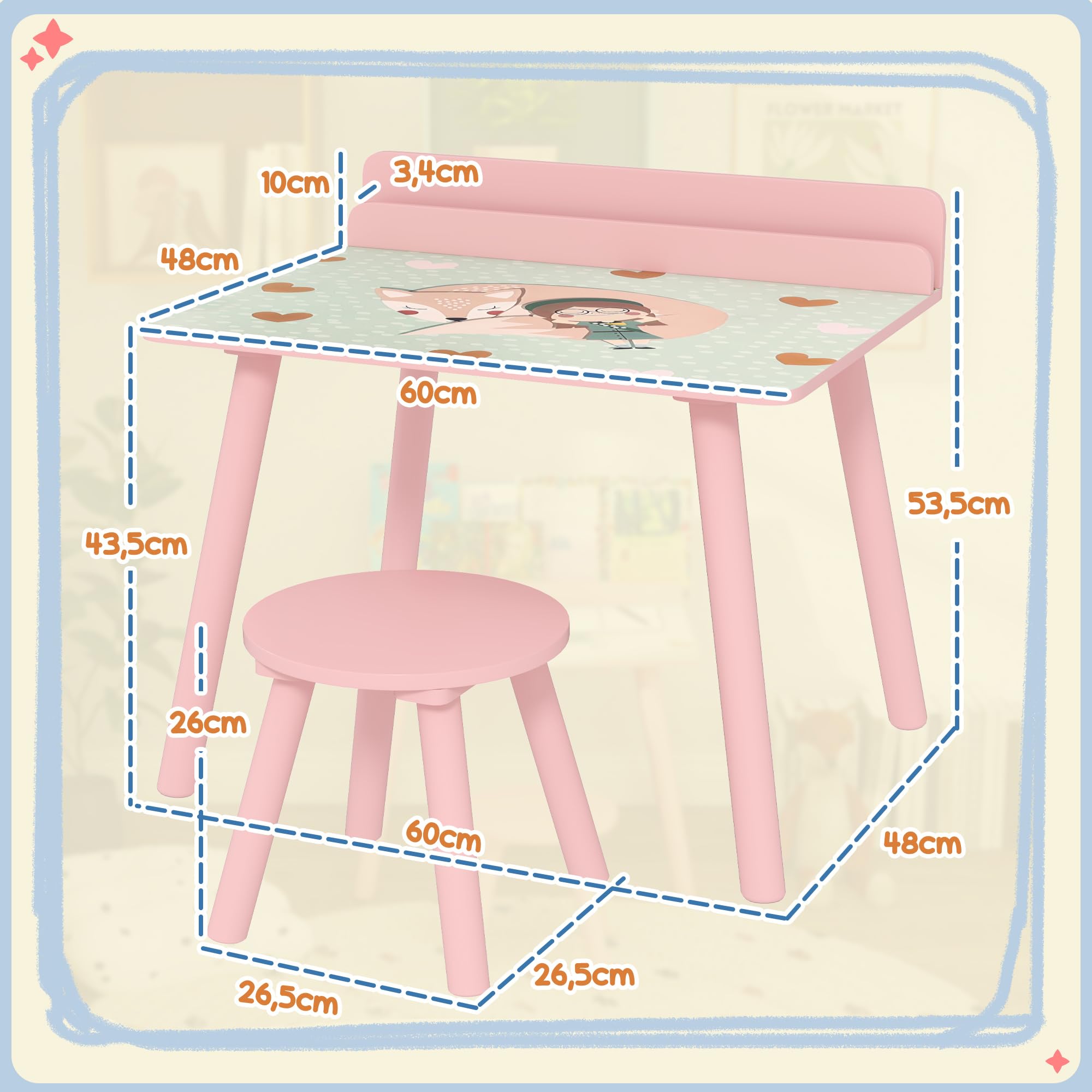 AIYAPLAY Ensemble Table et Chaise Enfant Table pour Enfant avec Chaise avec Porte-Livres Motifs d'ours pour Enfants 3-8 Ans pour Chambre à Coucher, Salon, Salle de Classe, Rose