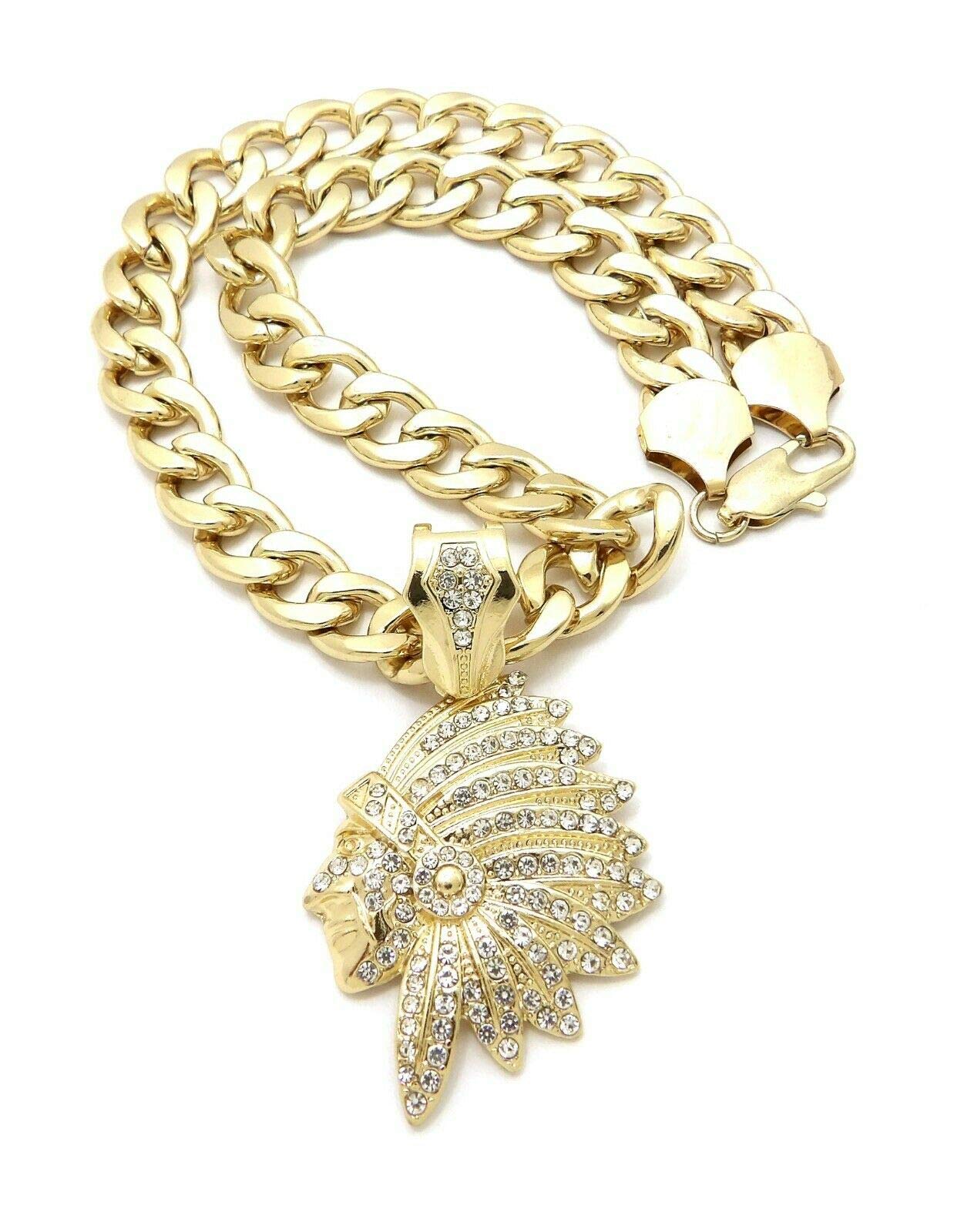 Hip Hop Iced Gold Plated Native American Indian Chief Pendant & 18" 20" 24" Cuban Chain Necklace