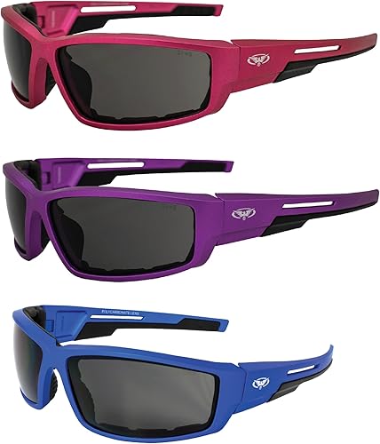 Global Vision Sly - Gafas de sol acolchadas para motocicleta para mujer, 3 pares con lentes ahumadas y marcos metálicos rosa, morado y azul