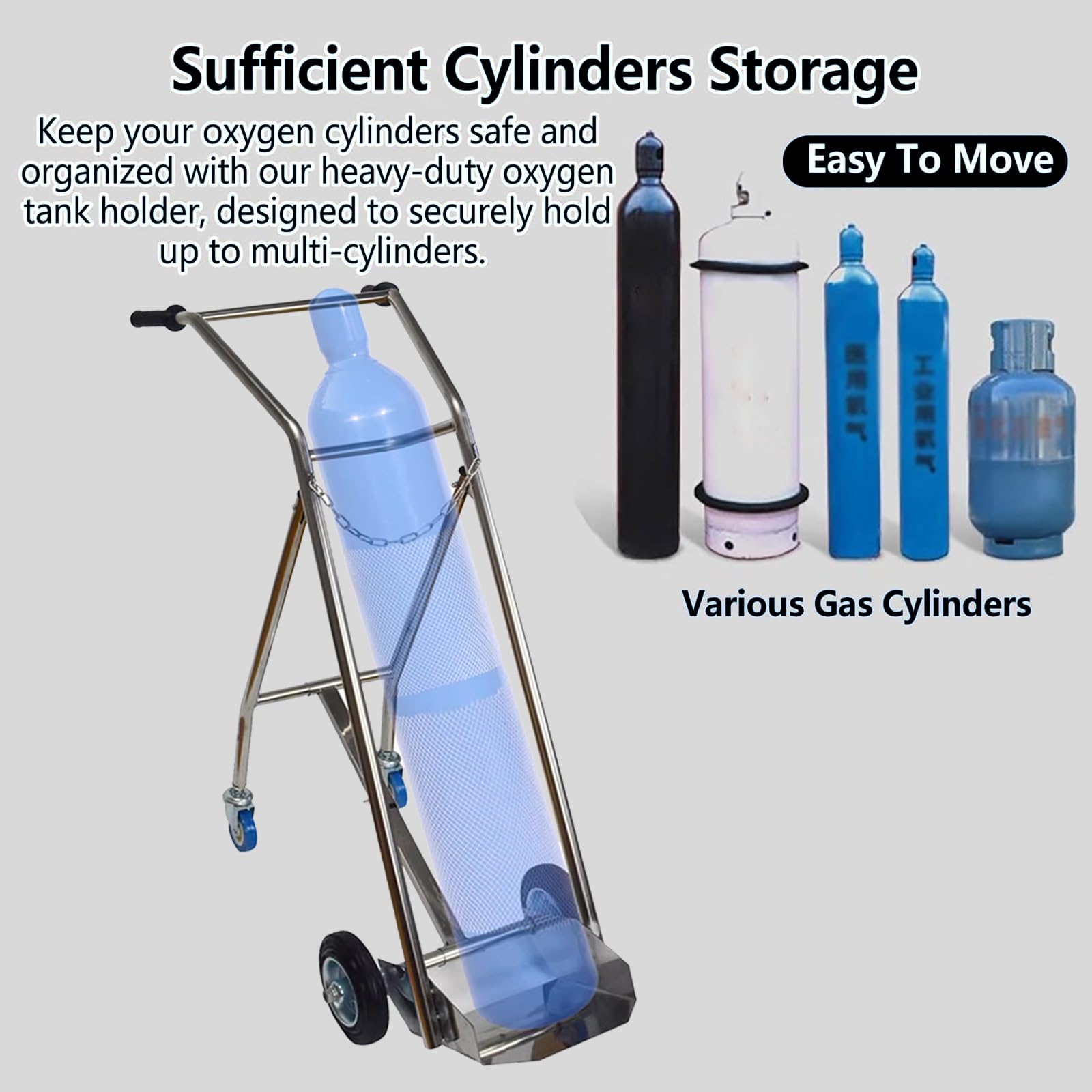 Carro cilíndrico de oxígeno, soporte portátil de acero inoxidable con ruedas, diseño de rodamiento ligero, soporta carga de hasta 100 kg, ideal para cilindros de oxígeno