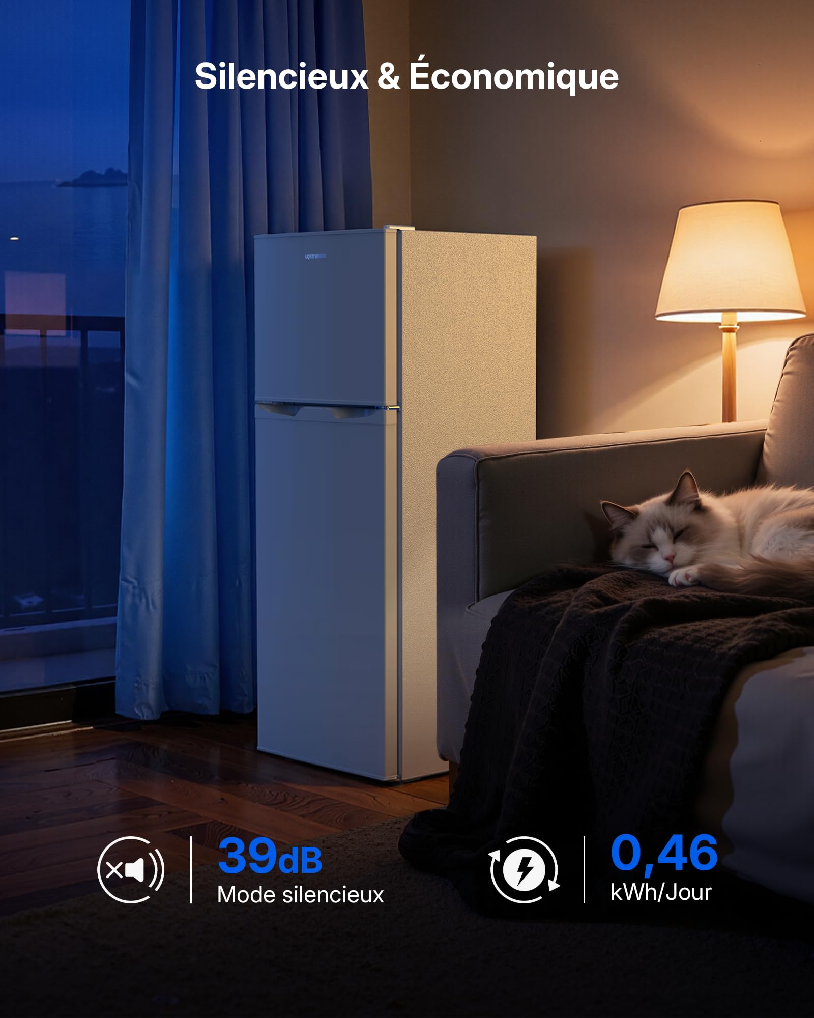 Upstreman Frigo Congélateur Combiné Indépendant 132L (98L Réfrigération + 34L Congélation), 7 Niveaux de Température, Refroidissement rapide, Frigo Blanc pour Studio, Appartement et Bureau, TM132