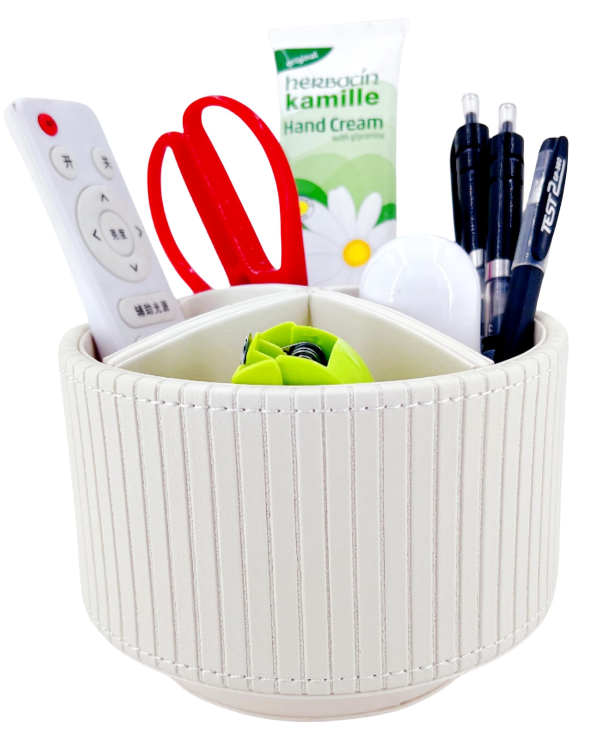 Arniche PU Leather Round TV Remote Control Holder for Table,360° Swivel Office Supply Desktop Organizer,4 Compartments Phone/Pen/Pencil Holder,