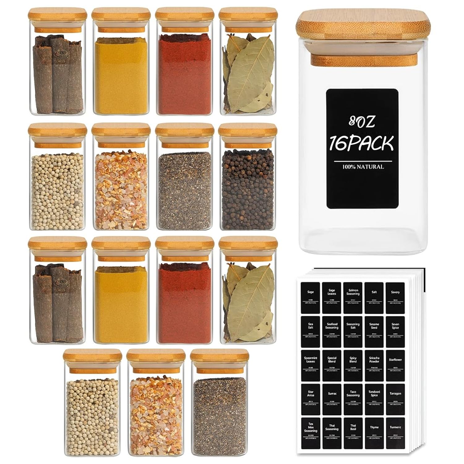 ComSaf Spice Jars with Labels 8 oz 16Pack, Small Spice Containers Starter Set, Glass Seasoning Jars with Lids, Square Seasoning Containers for Salt, Pepper, Chili Powder, Sugar, Loose Tea Storage