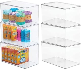 mDesign Stackable Plastic Craft Room Storage Container Box with Hinge Lid - Compact Organizer Holder Bin for Sewing Thread, Beads, Ribbon, Glitter, Clay - Lumiere Collection - 6 Pack - Clear