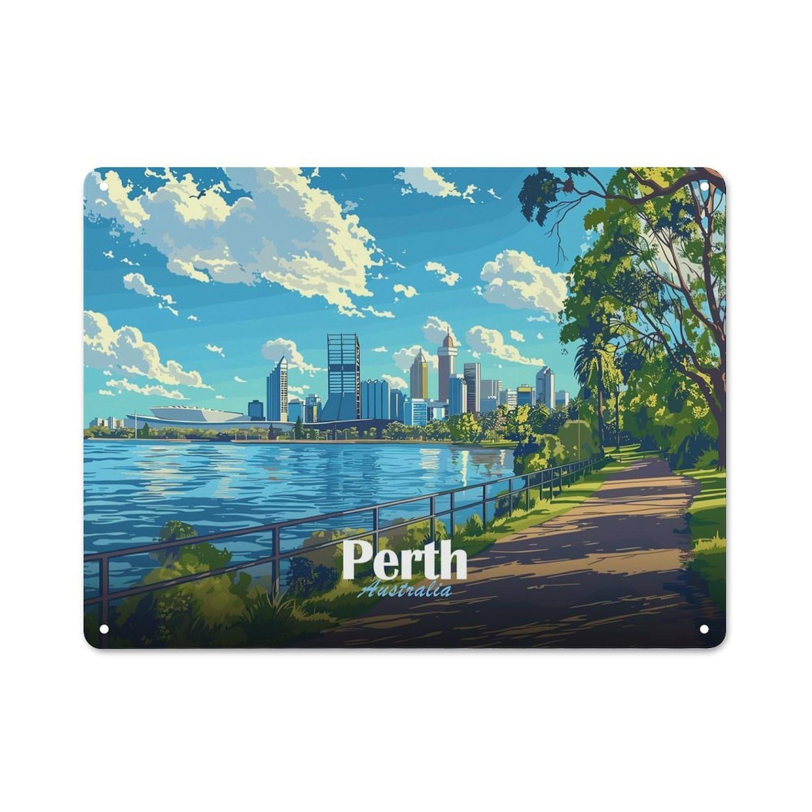 Junmoney Style-12 Perth Skyline & River Cafe Metal Sign 30X40cm, Shop Front Style Restaurant Wall Art For Takeaway, Bar, Kitchen Or Counter Area