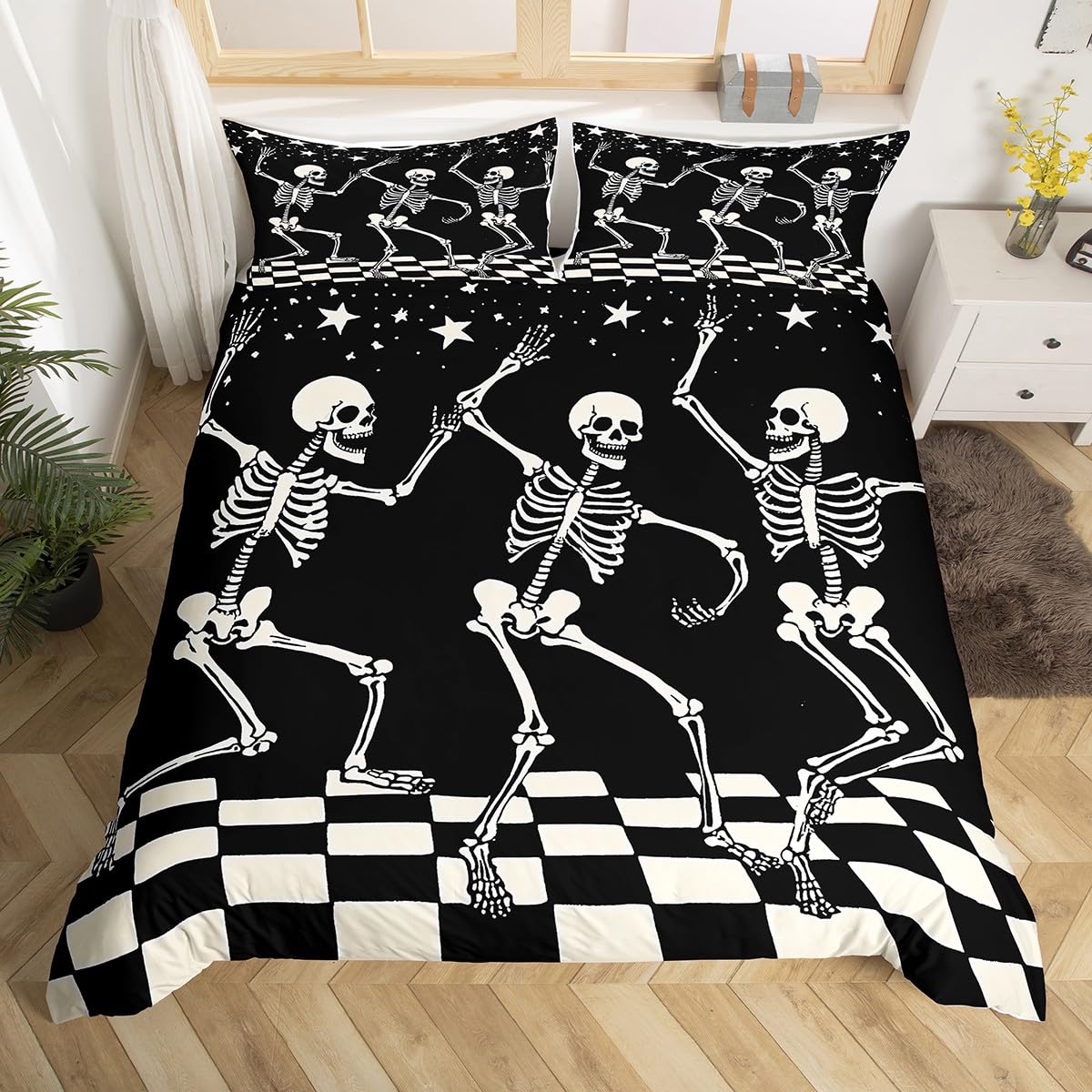 Homewish Gotycka czaszka poszewka na kołdrę podwójna cukrowa czaszka kości poszewka na kołdrę, gotycki zestaw pościeli na Halloween, patchworkowa poszewka na kołdrę zestawy pościeli