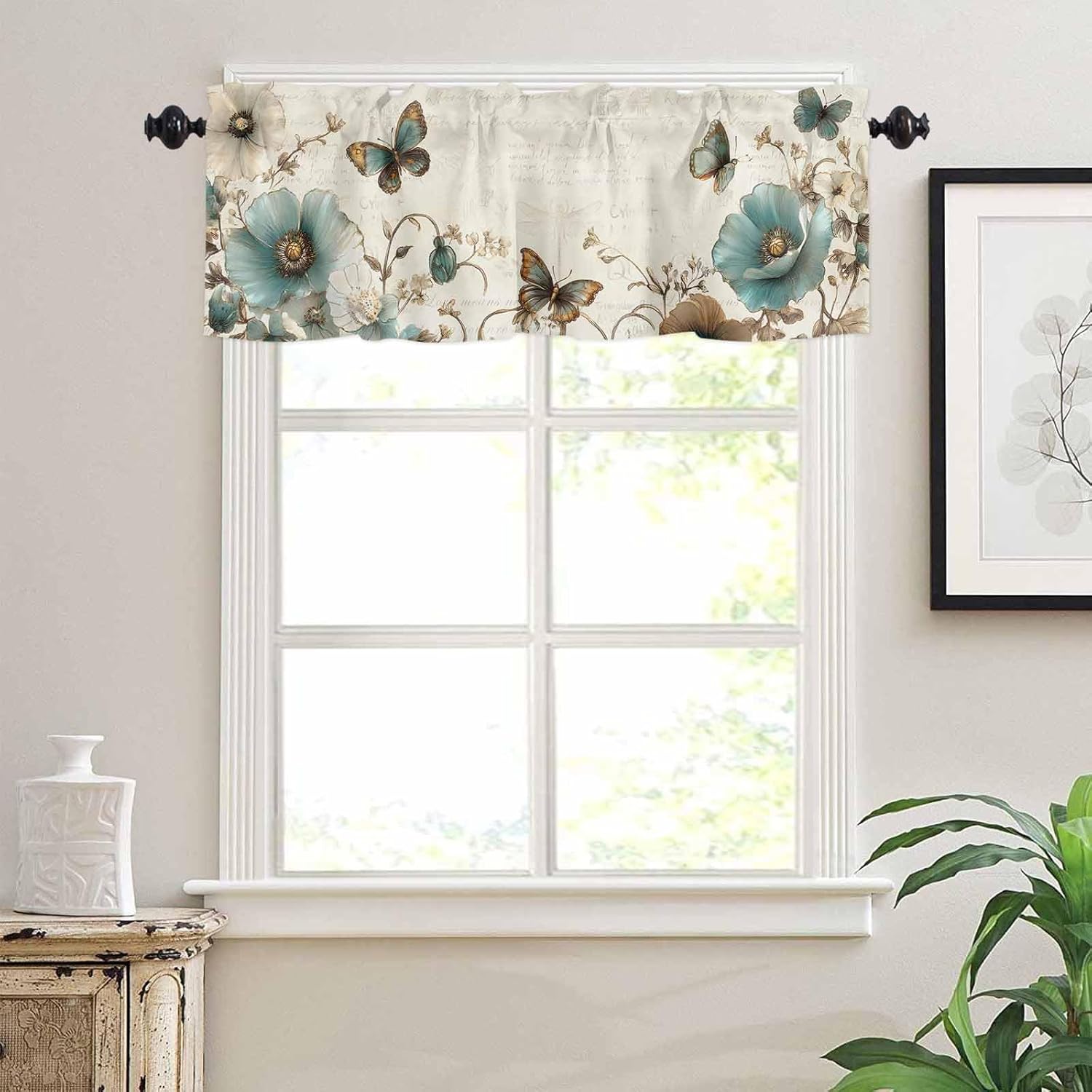 Teal Tulips Kitchen Curtains Set, Botanical Garden Floral Tier Curtain 24 Inches Length, Retro Pastoral Flower Butterfly Valance and Tiers Set Window Treatment Decor for Bedroom/Living Room