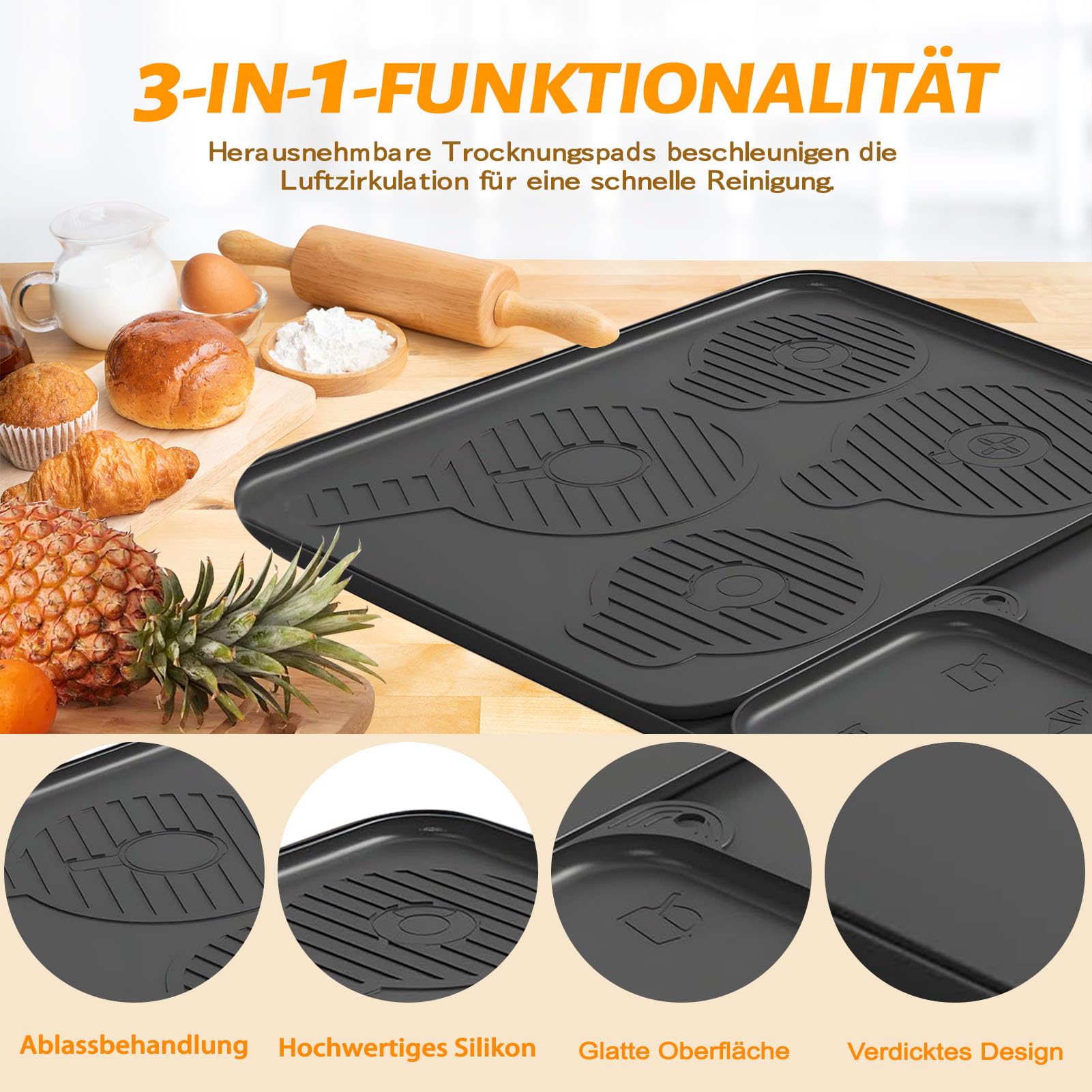 Gleitunterlage für Ninja Creami Eismaschine NC700/500/300 Arbeitsplattenmatte, 3 Stück Silikonmatte Set für Ninja Creami Zubehör mit Ablaufrinne, Verdicktes Design zur Reduzierung von Vibrationsgeräus