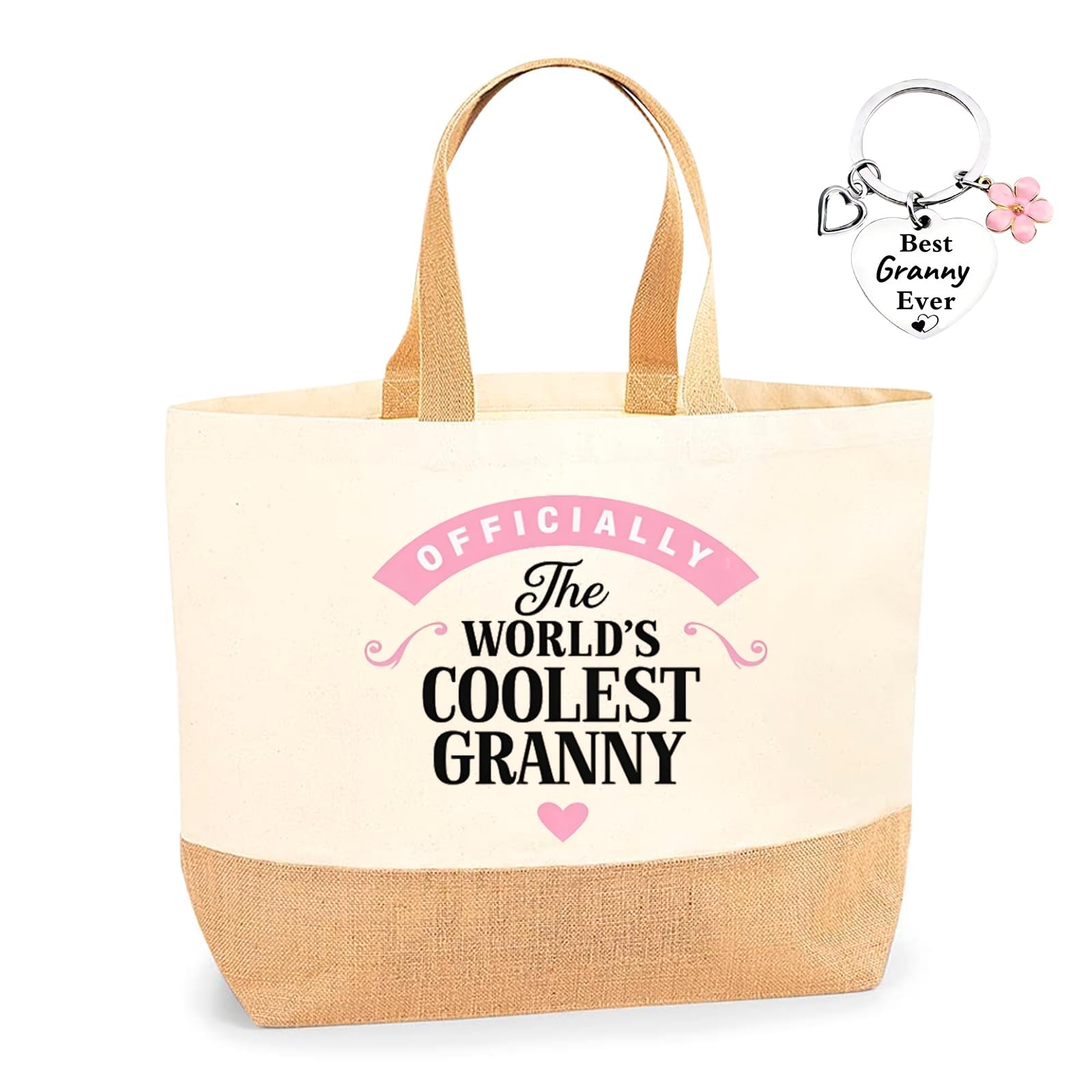 HgaftnK ο»ΏWorld's Coolest Granny Gifts Set - Canvas & Jute Tote Handbag with Stainless Steel Keychain, Best Grandma Birthday Gifts for Motherβs Day or Christmas, Practical Shopper Bag