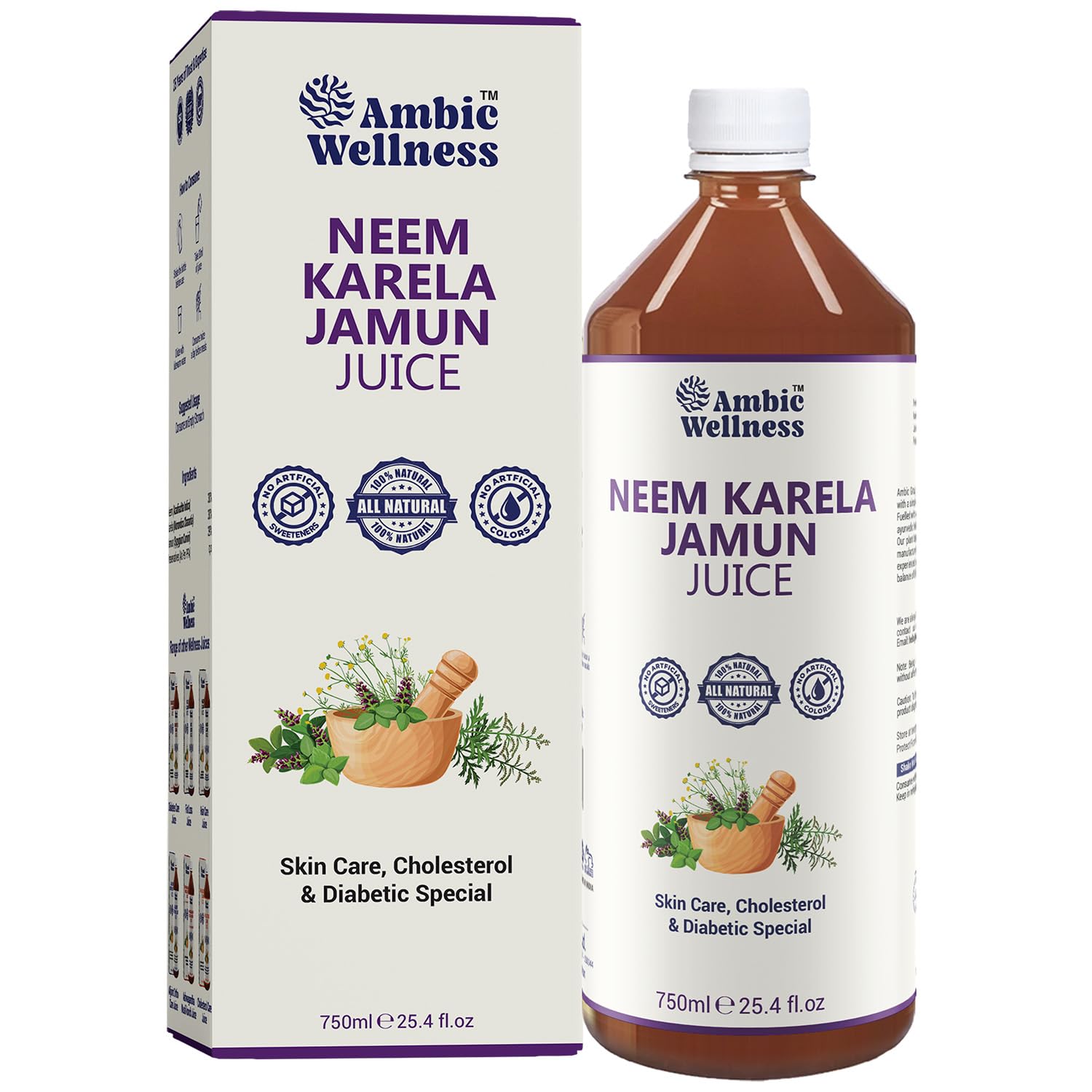 Neem Karela Jamun Juice for Diabetes - 750ml, Ayurvedic Diabetic Care Juice, Helps Maintain Healthy Sugar Levels, Immunity Booster Juice for Skin Care & Natural Detox, No Added Sugar