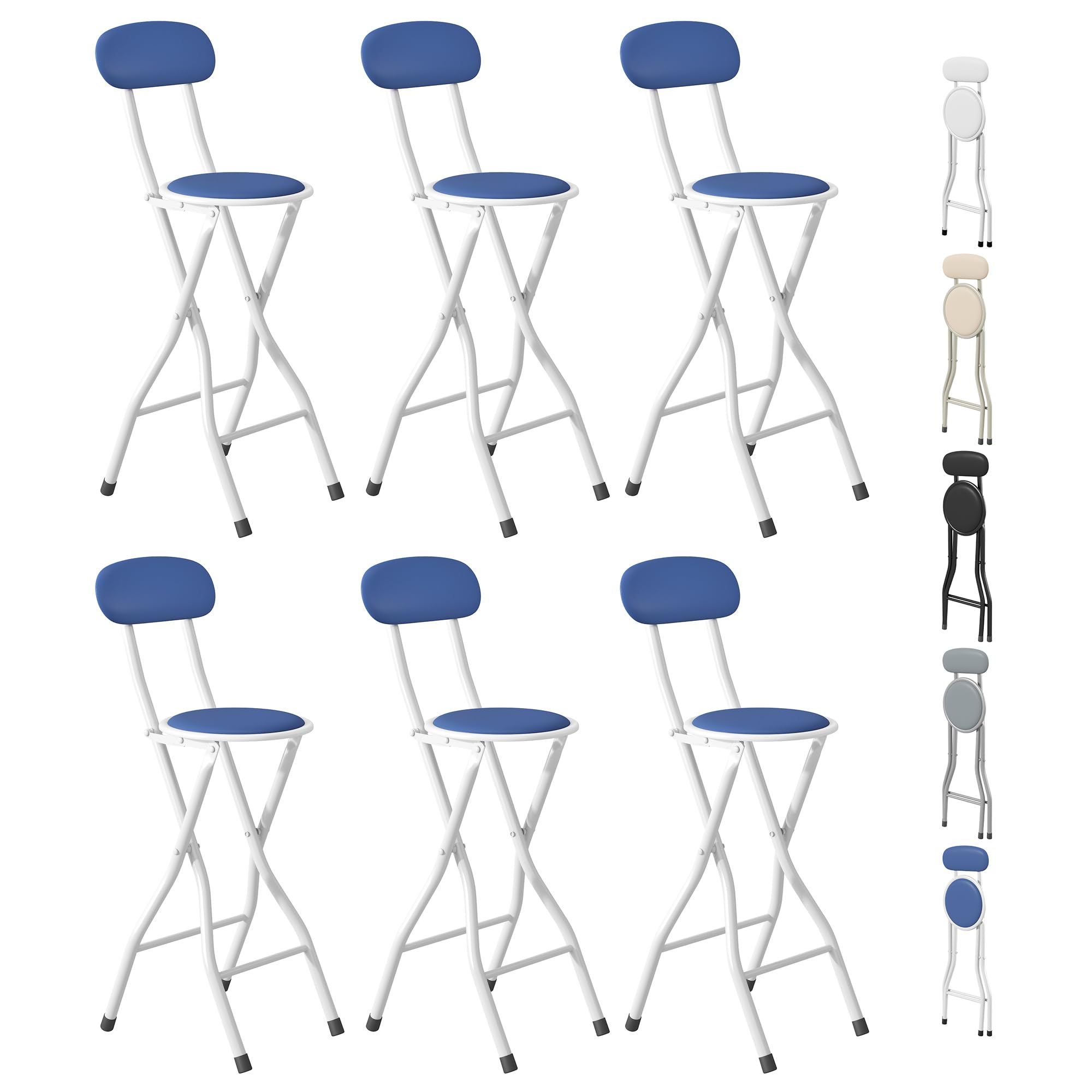 mcc direct Folding Bar Stools Set of 6, Breakfast Barstool Kitchen Restaurant Seating, Faux Leather Foldable Chairs with Metal Frame, Padded High Chairs(Blue)