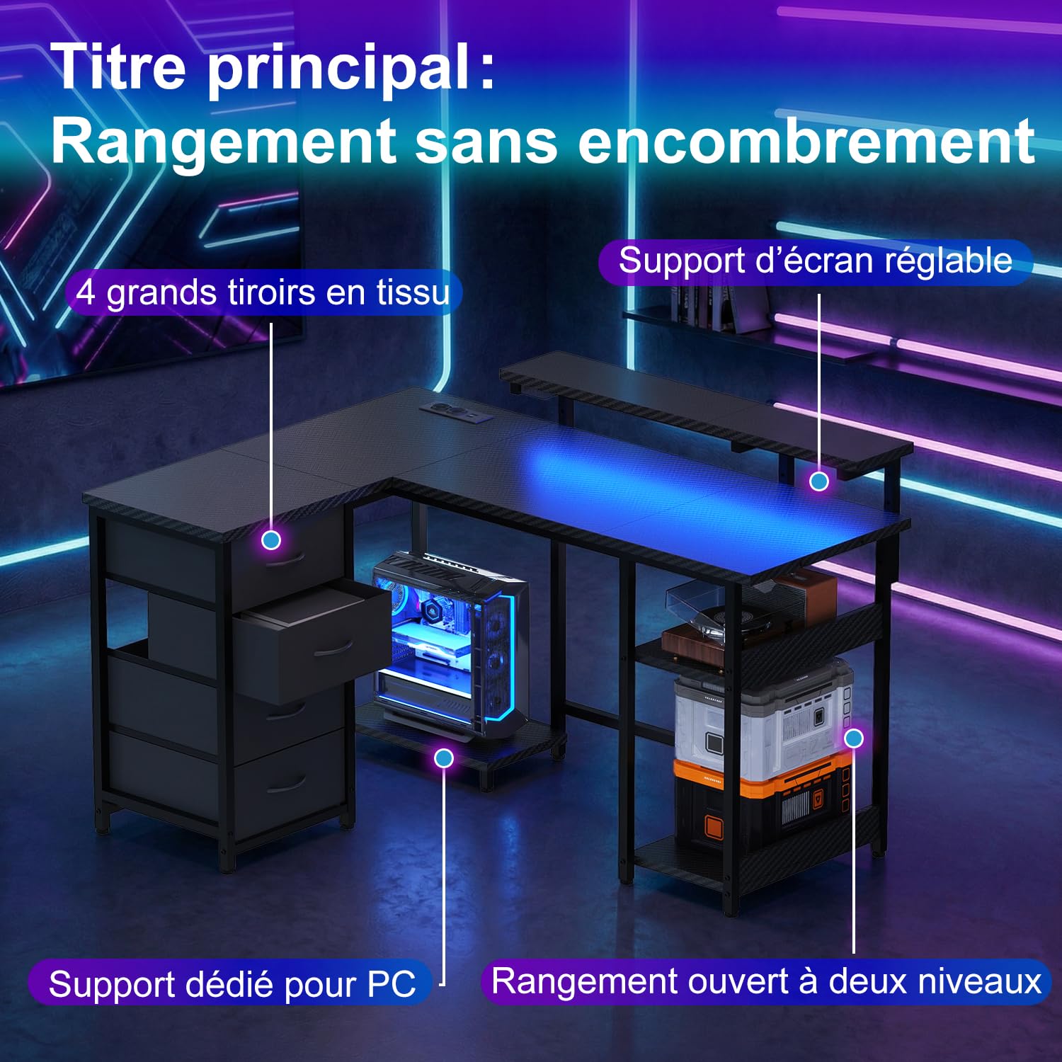 JUMMICO Bureau d'angle en Forme de L 135 cm avec lumières LED, Noir