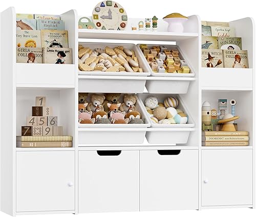 Miniatura 5 de FINETONES Organizador grande de almacenamiento de juguetes de 50 pulgadas con 4 contenedores de juguetes, 6 cubos de almacenamiento y 2 cajones