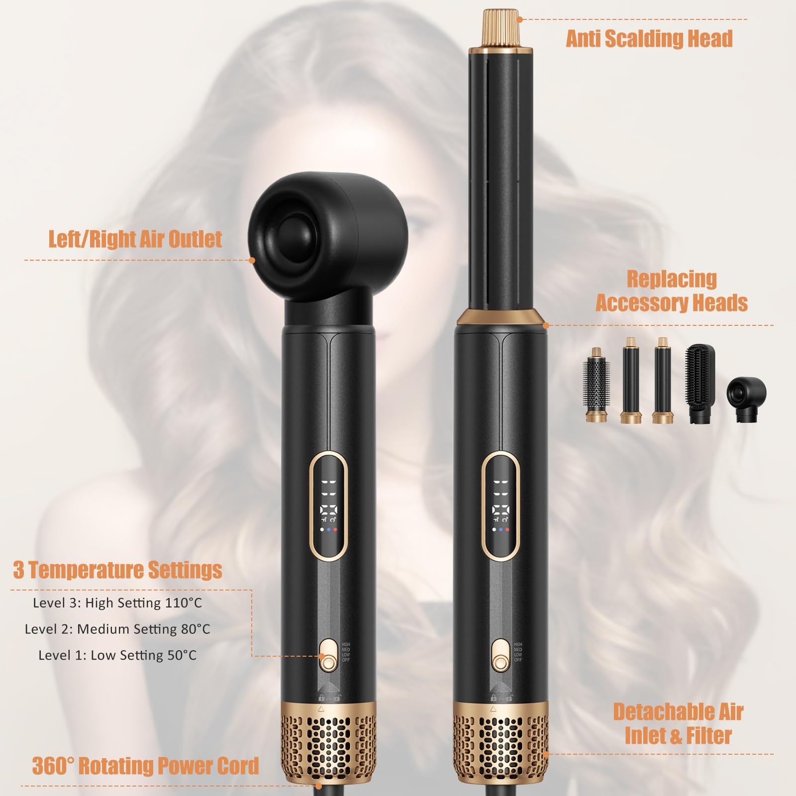 5-in-1 Heißluftstyler Set, Heißluftstyler mit Automatischem Lockenstab & Föhn, Automatischer Airstyler mit Ionen-Technologie für Volumen & Glanz, 3 Temperaturen mit LCD für alle Haartypen