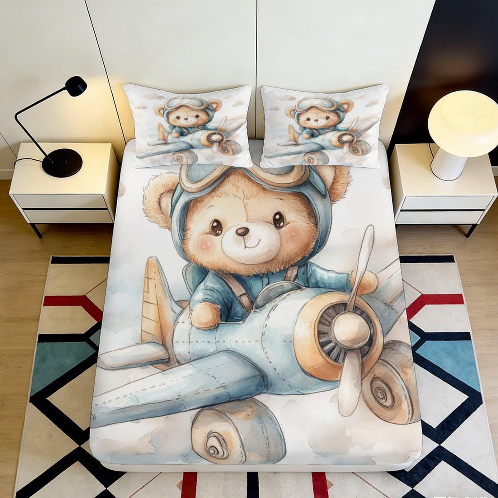 3D Printed Cute Pilot Bear Fitted Sheet Microfiber Soft Blue Cartoon Airplane Mattress Cover Bedroom Decor 90x200x25cm