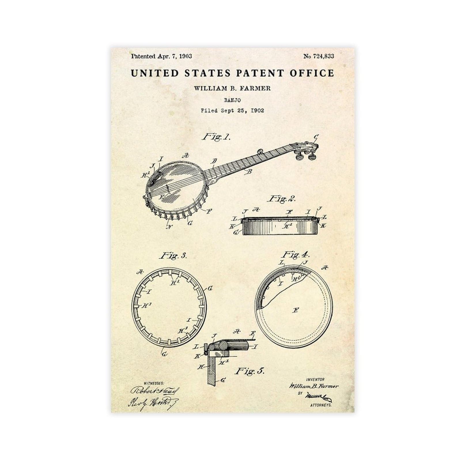 WLQZFRWV Banjo 1903 Brevetto Country Music Blueprint Poster su tela, decorazione artistica da parete per soggiorno, camera da letto, decorazione, 60 x 90 cm